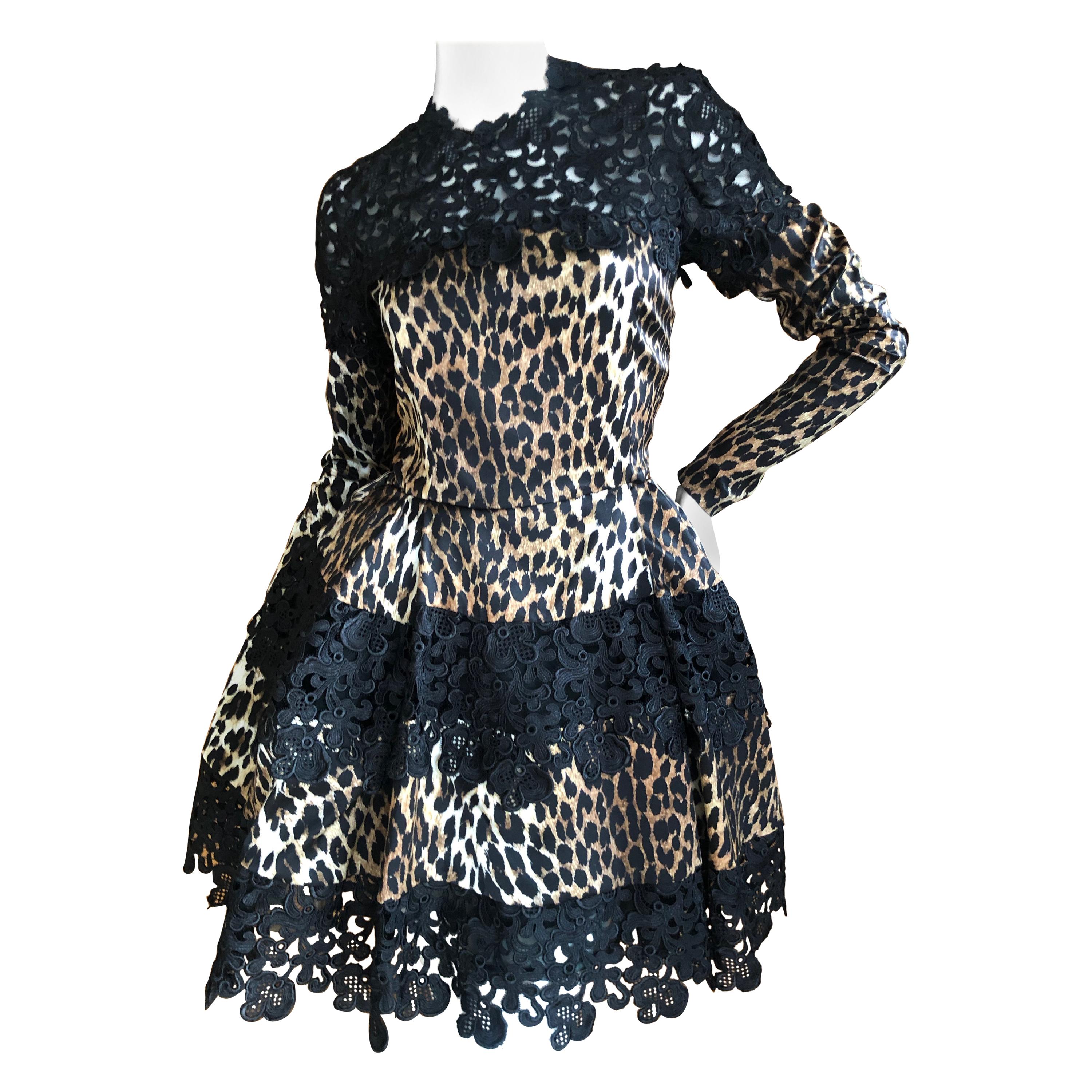 Emanuel Ungaro Seventies Guipure Lace Leopard Print Pouf Mini Dress For Sale