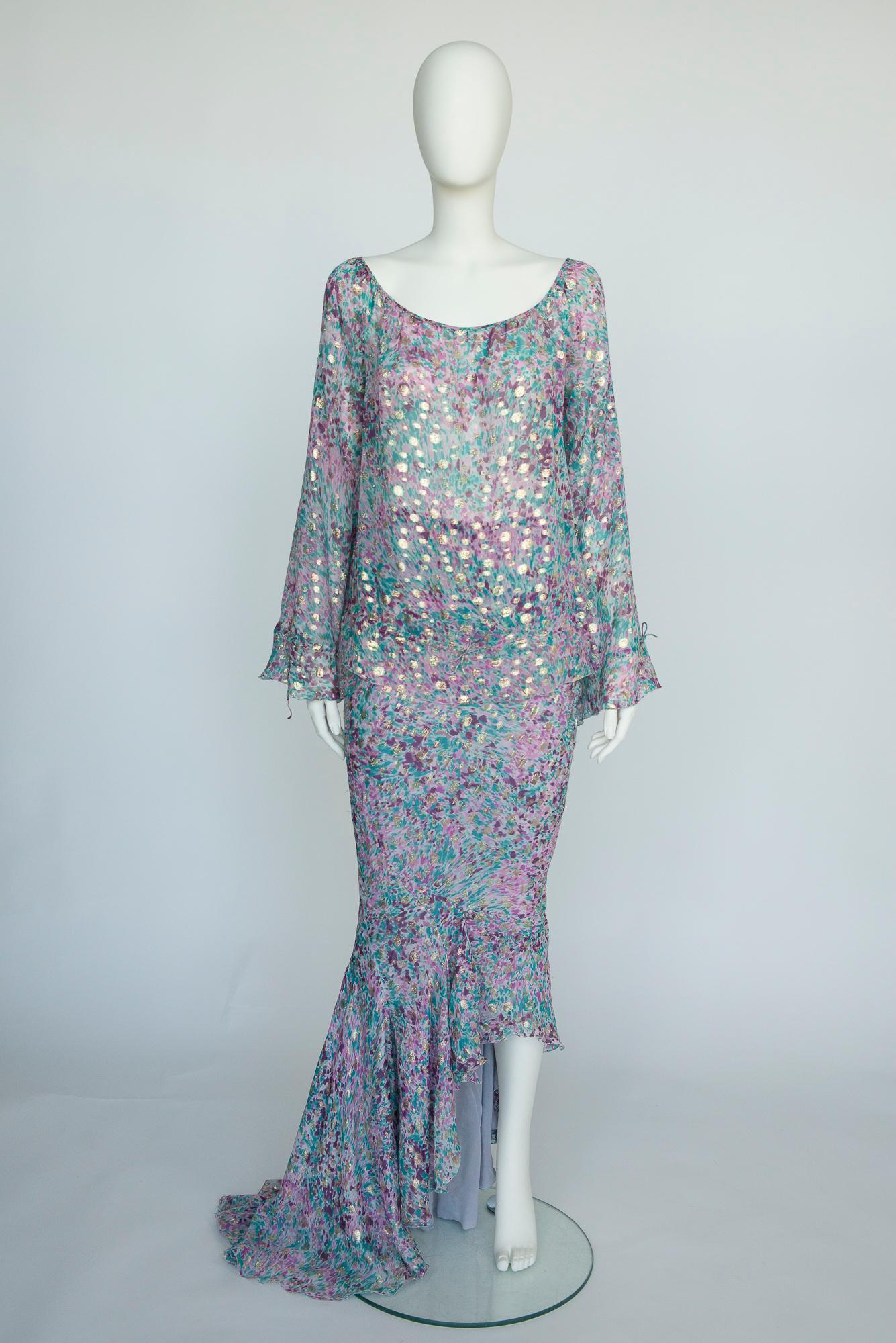 Emanuel Ungaro - Set da sera 3 pezzi in chiffon di seta e lurex oro con taglio sbieco, SS2006 in vendita 8