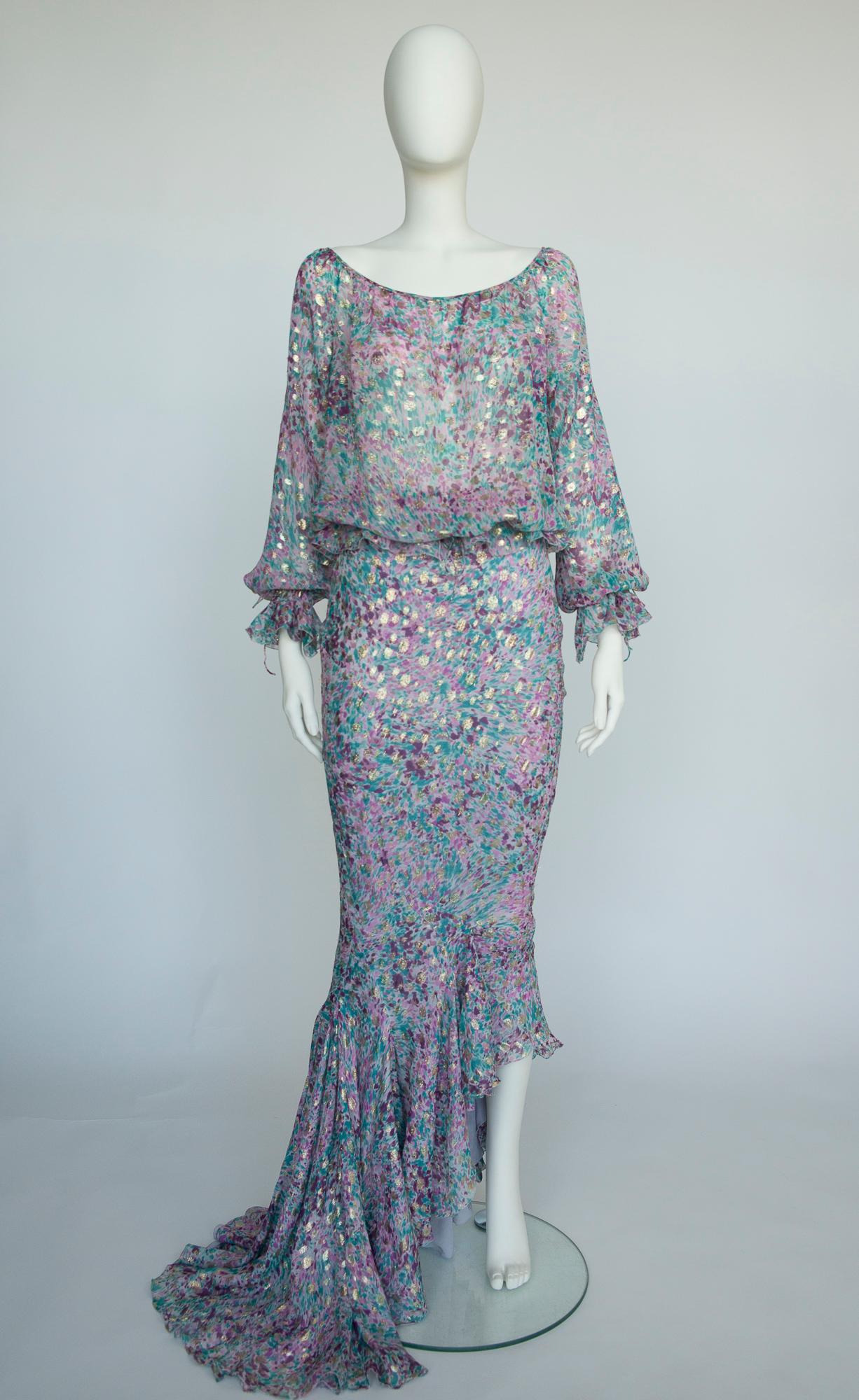 Grigio Emanuel Ungaro - Set da sera 3 pezzi in chiffon di seta e lurex oro con taglio sbieco, SS2006 in vendita