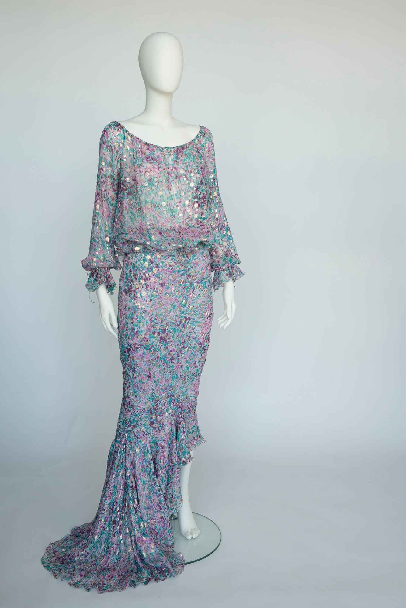 Emanuel Ungaro - Set da sera 3 pezzi in chiffon di seta e lurex oro con taglio sbieco, SS2006 In condizioni buone in vendita a Geneva, CH