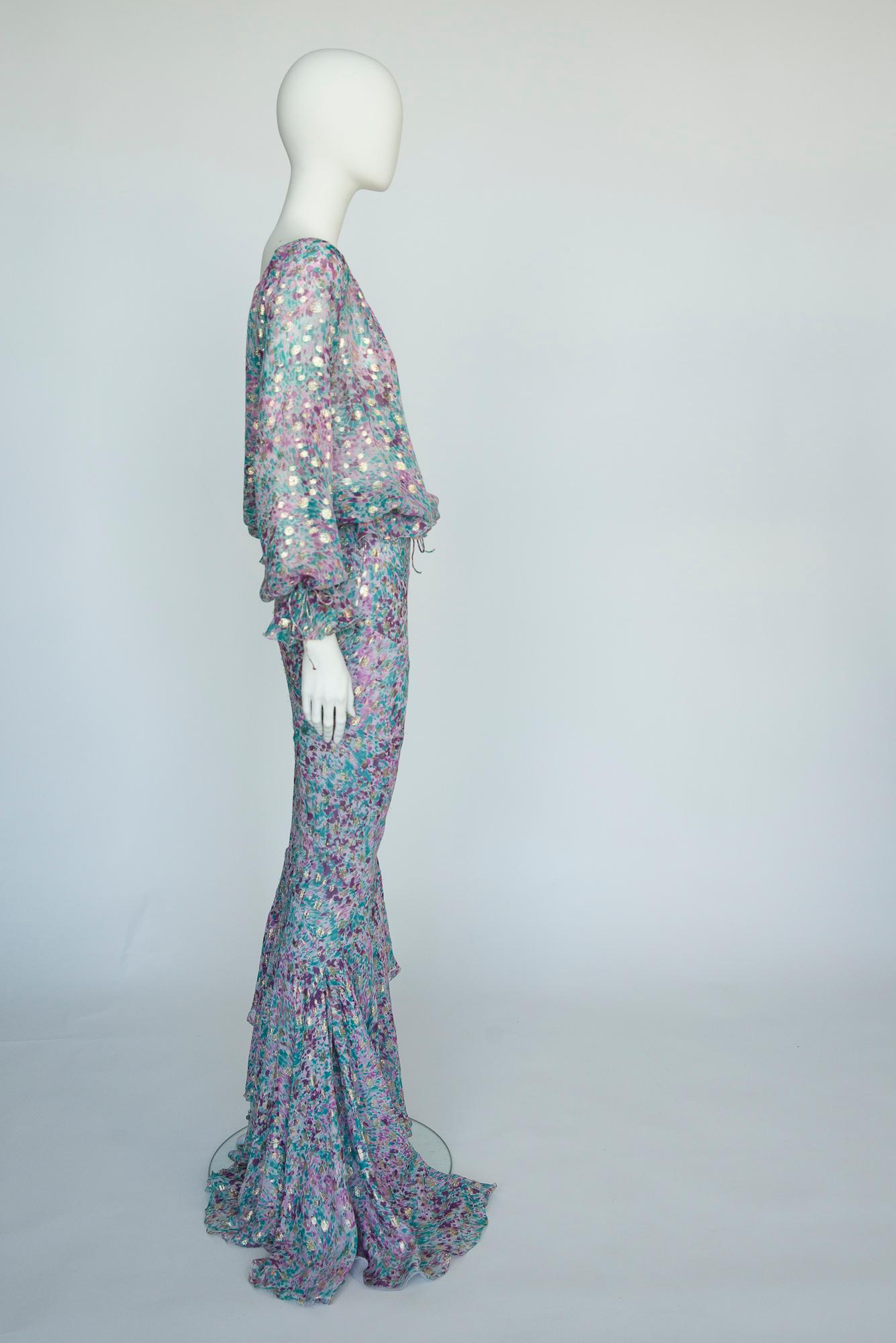 Donna Emanuel Ungaro - Set da sera 3 pezzi in chiffon di seta e lurex oro con taglio sbieco, SS2006 in vendita