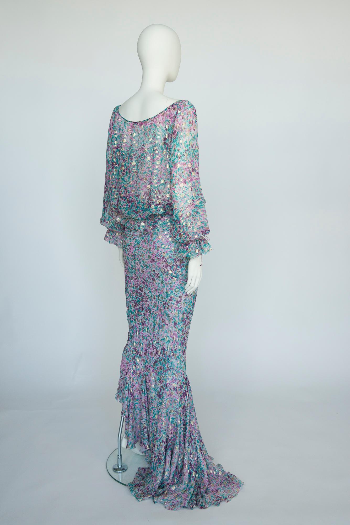 Emanuel Ungaro - Set da sera 3 pezzi in chiffon di seta e lurex oro con taglio sbieco, SS2006 in vendita 1