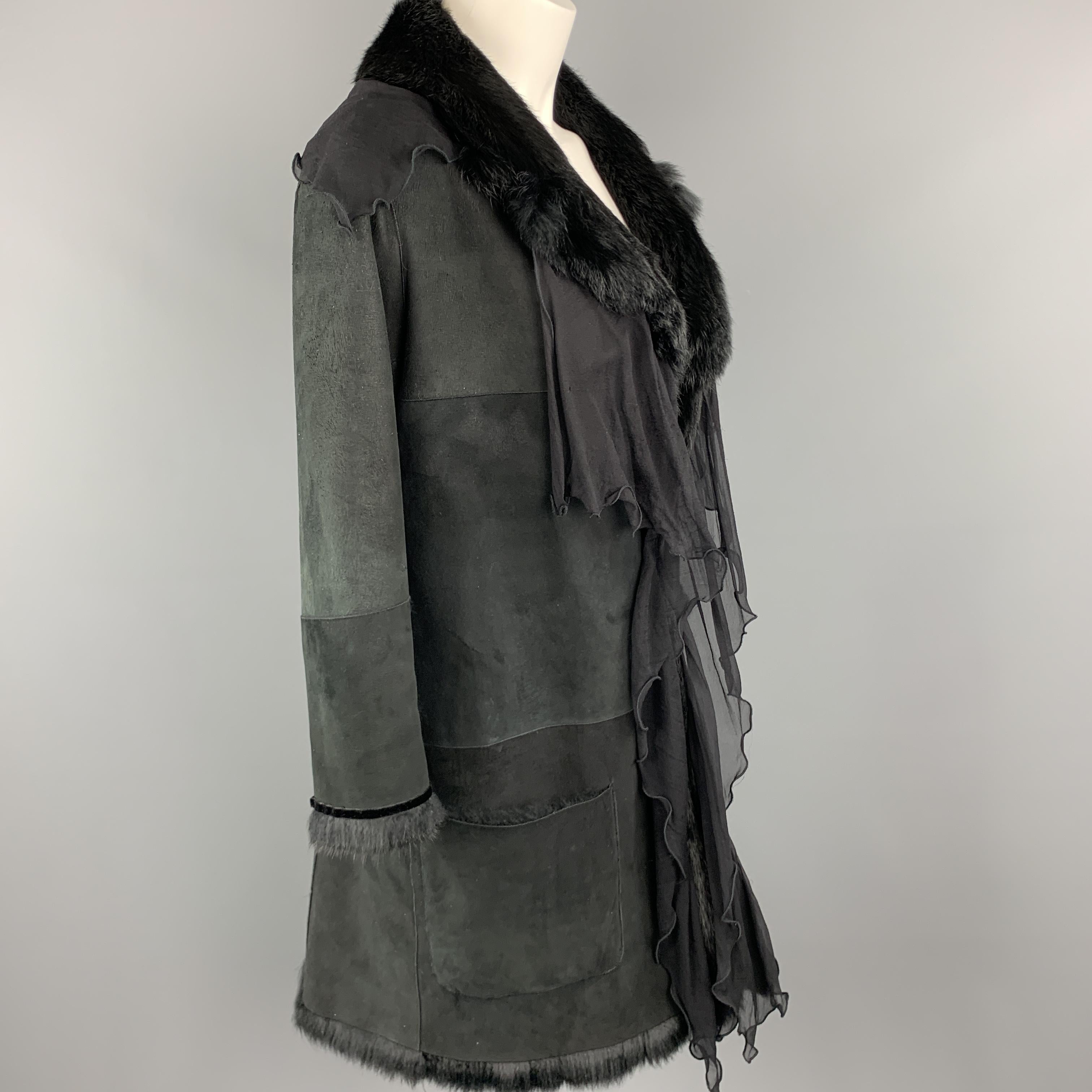 Women's or Men's EMANUEL UNGARO Size 2 Black Rabbit Fur Lined Shearling Ruffle Coat