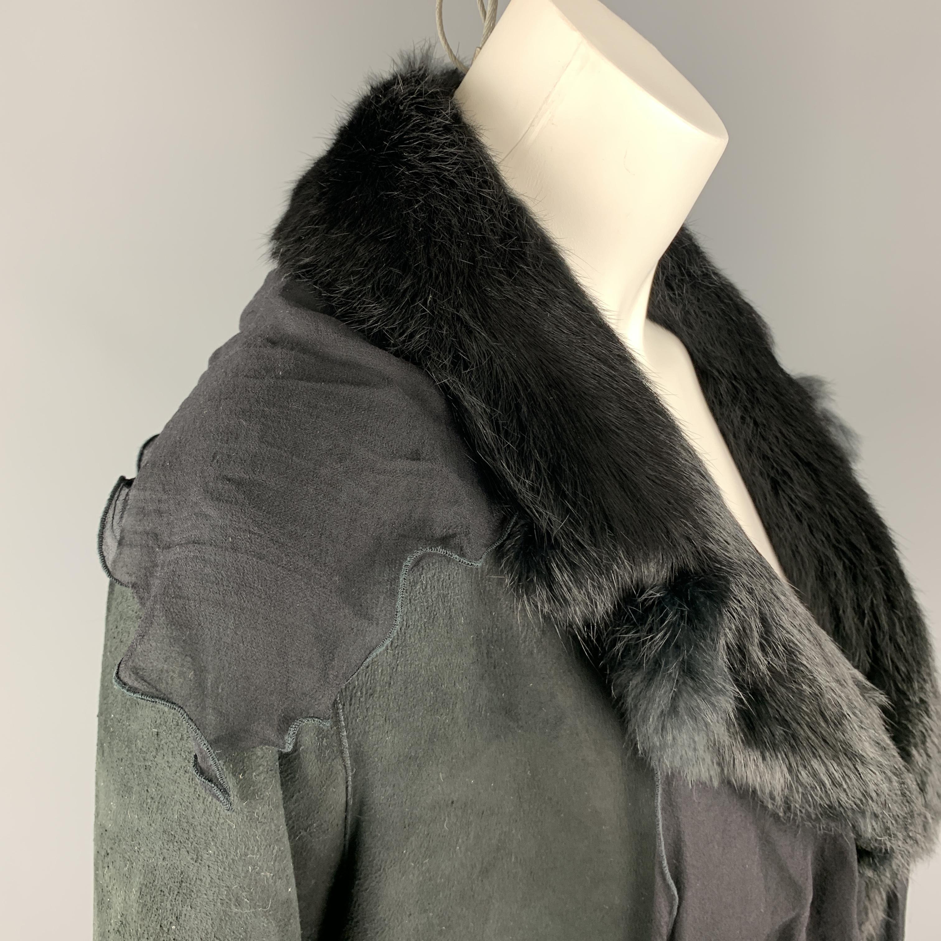 EMANUEL UNGARO Size 2 Black Rabbit Fur Lined Shearling Ruffle Coat 1