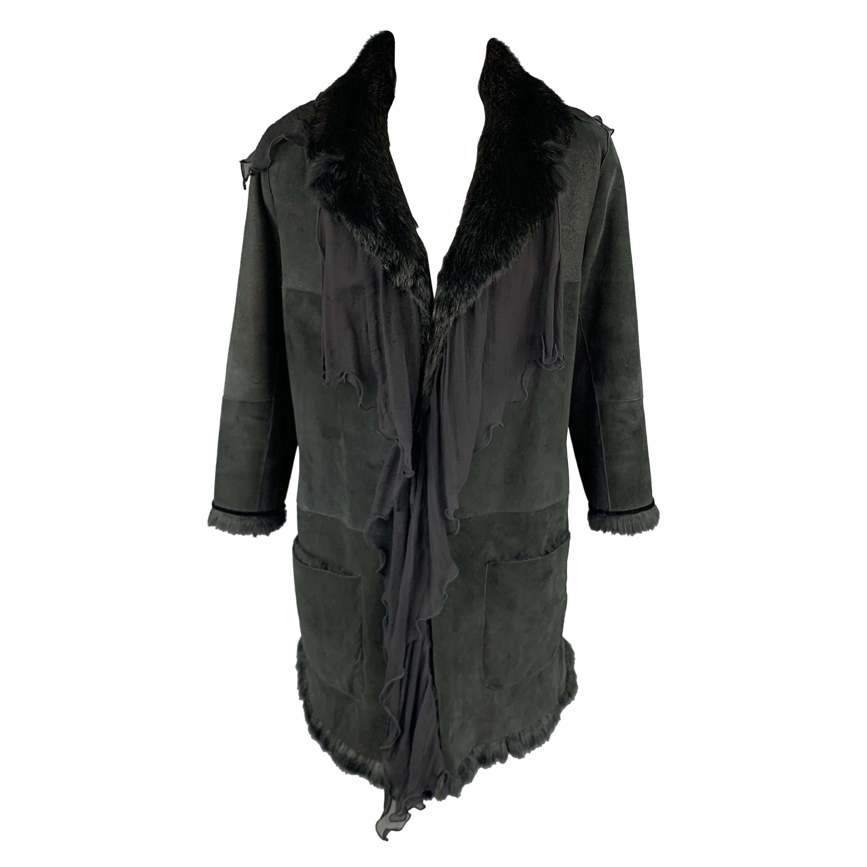 EMANUEL UNGARO Size 2 Black Rabbit Fur Lined Shearling Ruffle Coat