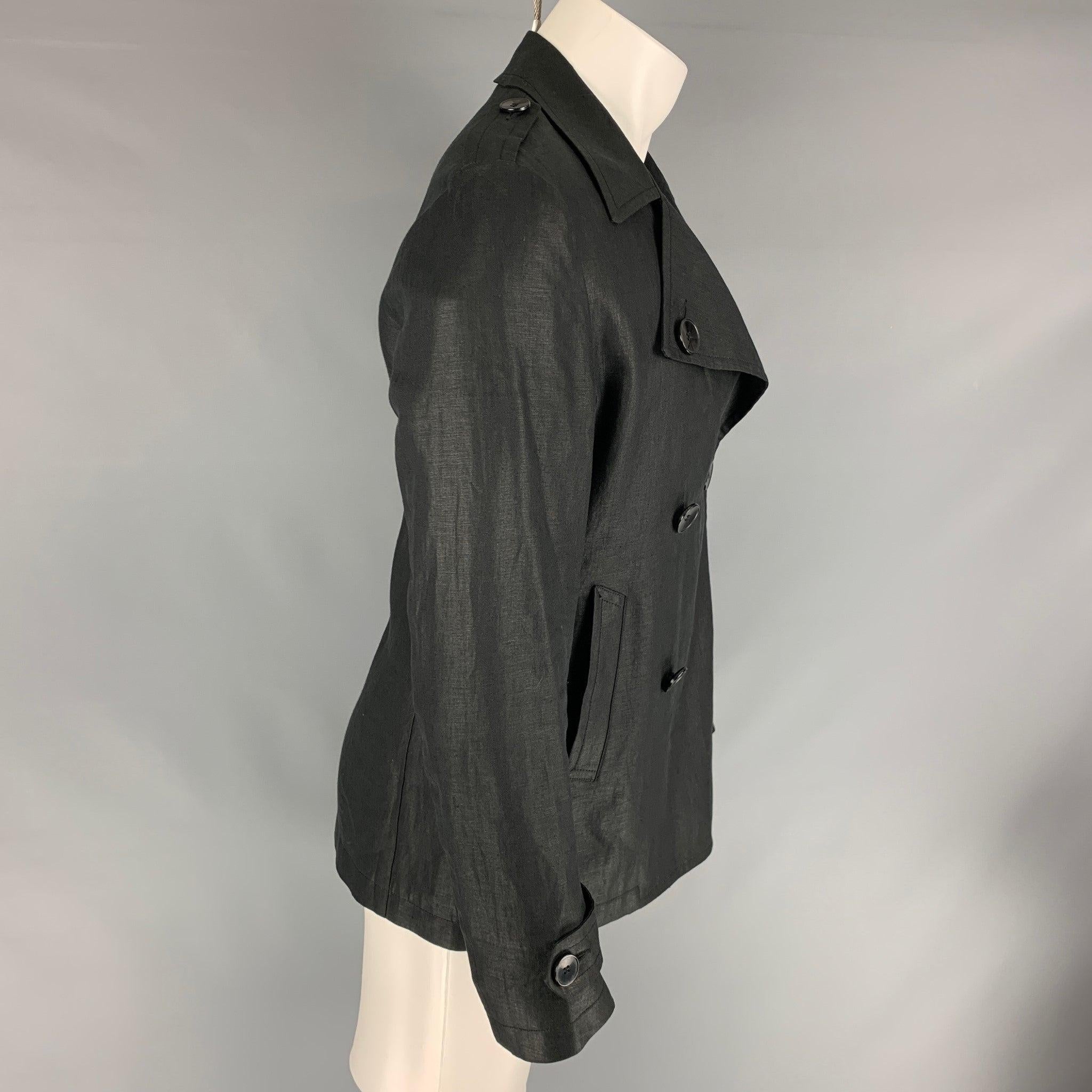 EMANUEL UNGARO Size 38 Black Solid Linen Peacoat Coat In Good Condition For Sale In San Francisco, CA