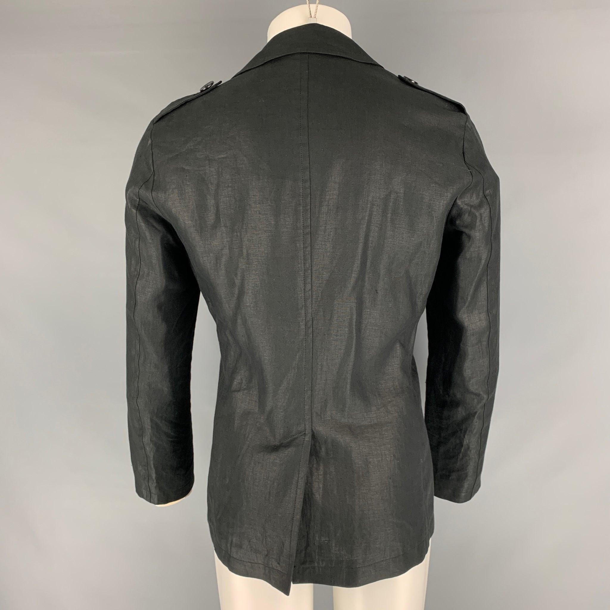 Men's EMANUEL UNGARO Size 38 Black Solid Linen Peacoat Coat For Sale
