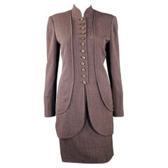 EMANUEL UNGARO Size 6 Purple Brown Wool Twill Mandarin Collar Midi Pencil Skirt Suit