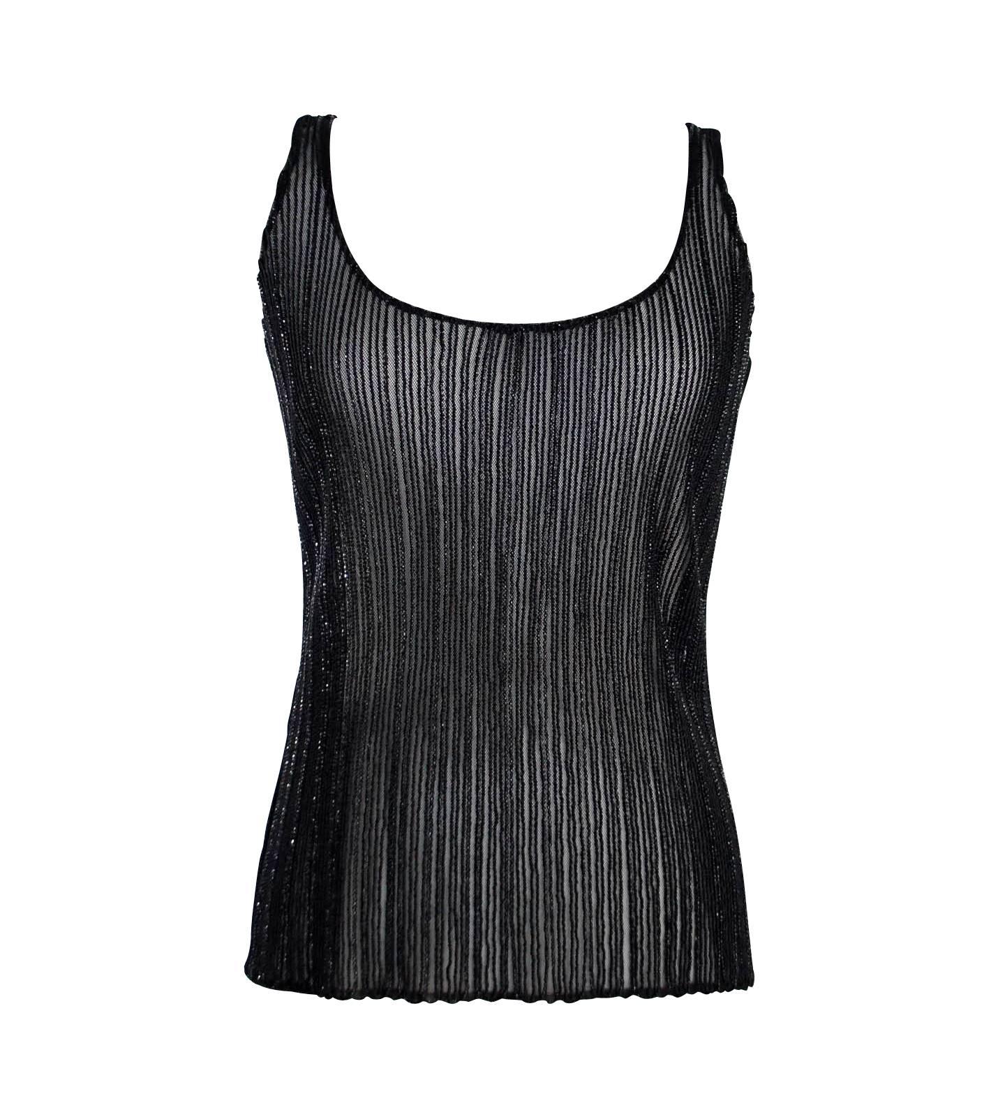 Guaranteed authentic Emanuel Ungaro beautiful jet black beaded shell.
Detailed tiny black beads run down like a pinstripe.
Black embroidery running in lines between the beading.
Fabric is nylon and spandex.
NEW or NEVER WORN.
Mightychic has excelled