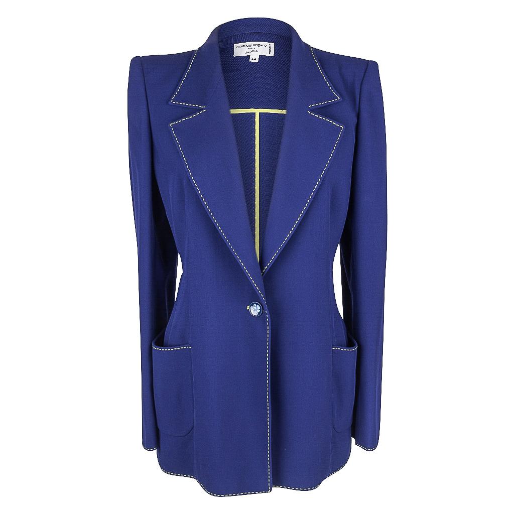 Guaranteed authentic Emanuel Ungaro superb suit in the most striking and fabulous colour with vivid yellow stitching on the jacket for fabulous detailing.  Beyond divine!  
The buttons on the cuff and the single center button is blue with a gorgeous