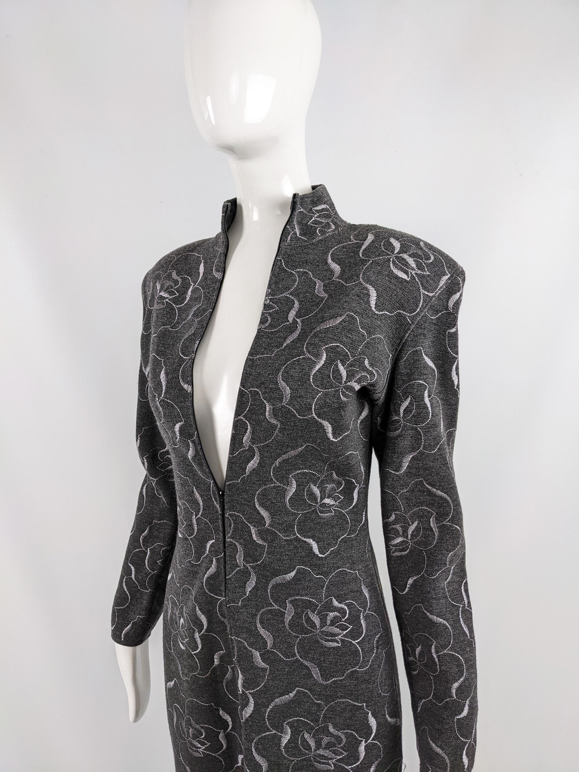 Gray Emanuel Ungaro Vintage 1980s Grey Wool Knit Embroidered Shoulder Pads Dress For Sale