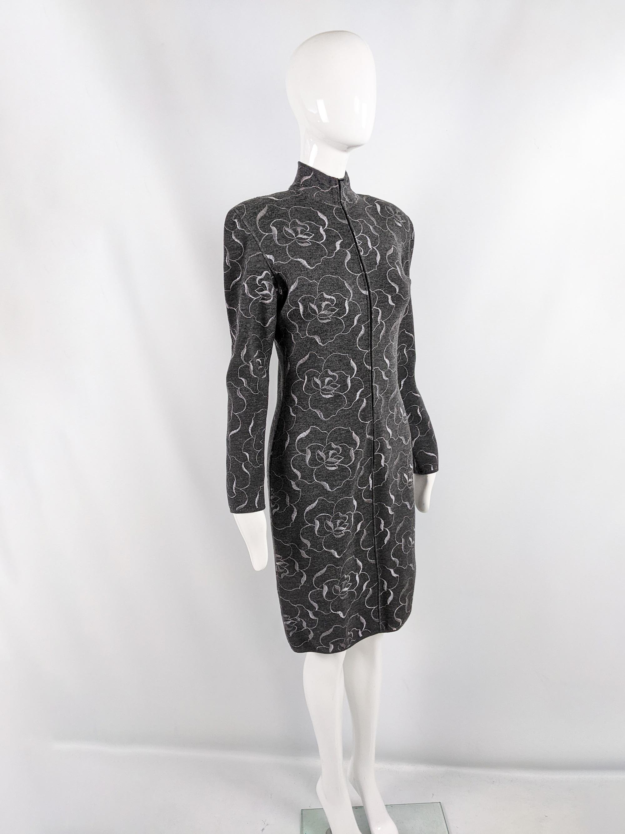 Emanuel Ungaro Vintage 1980s Grey Wool Knit Embroidered Shoulder Pads Dress For Sale 1