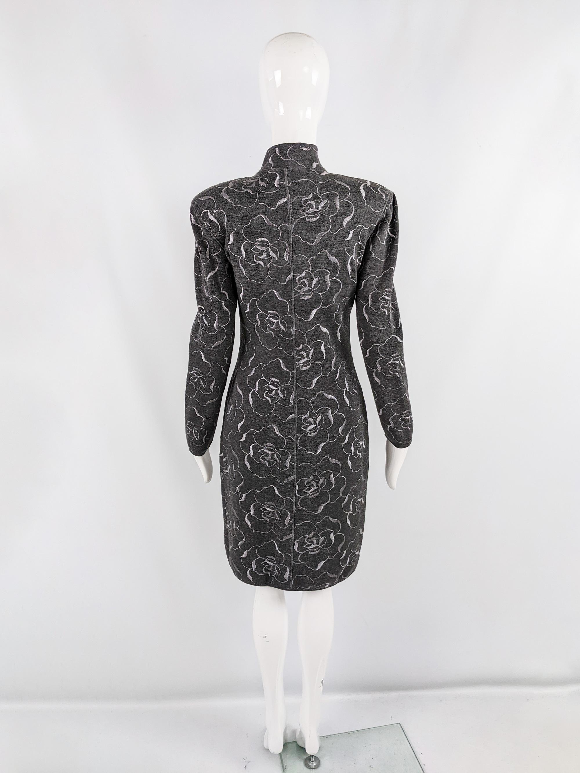 Emanuel Ungaro Vintage 1980s Grey Wool Knit Embroidered Shoulder Pads Dress For Sale 2