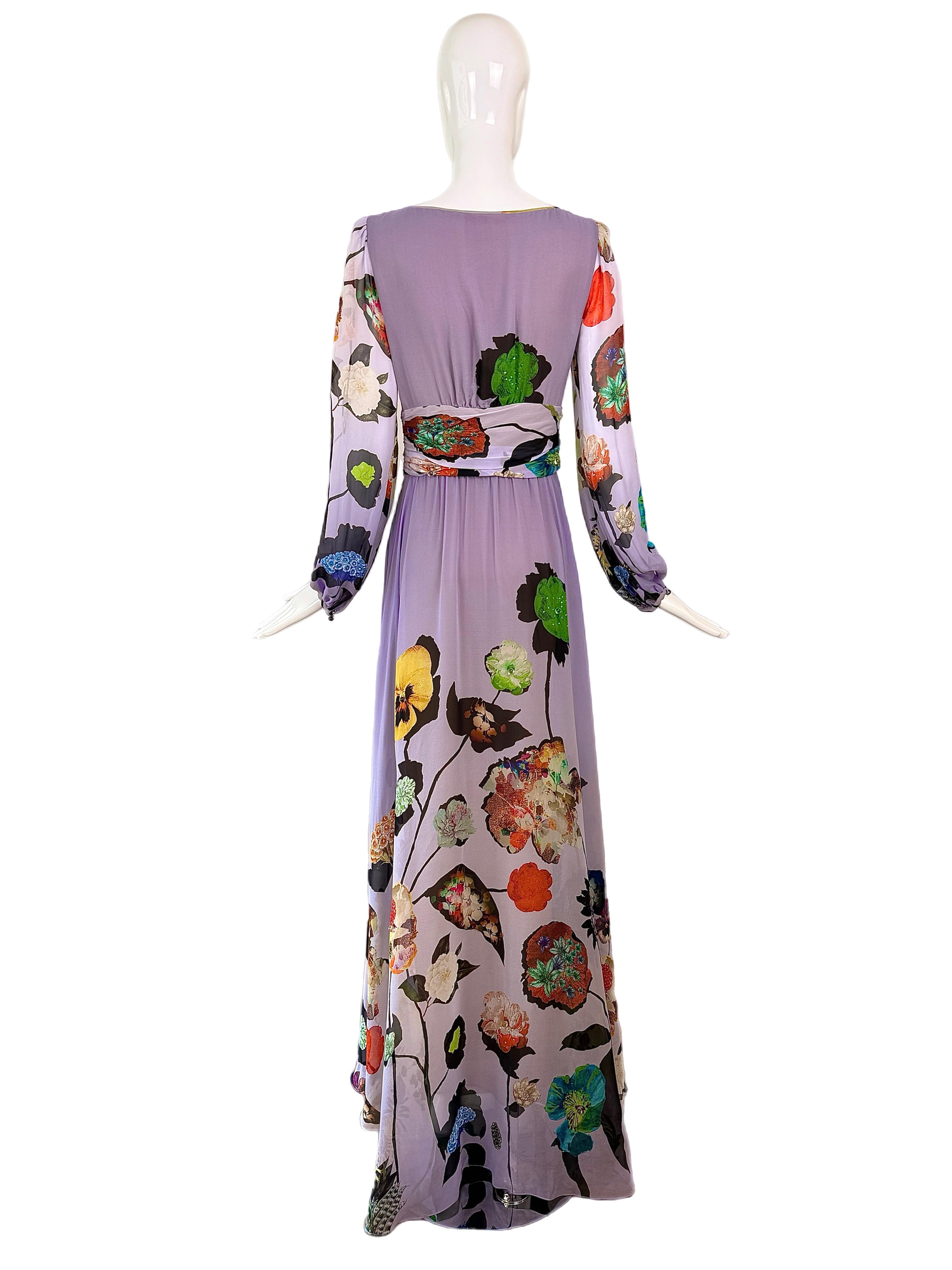 Gray EMANUEL UNGARO Vintage 2000's Silk Embellished Blouson Gown Maxi Dress Floral For Sale