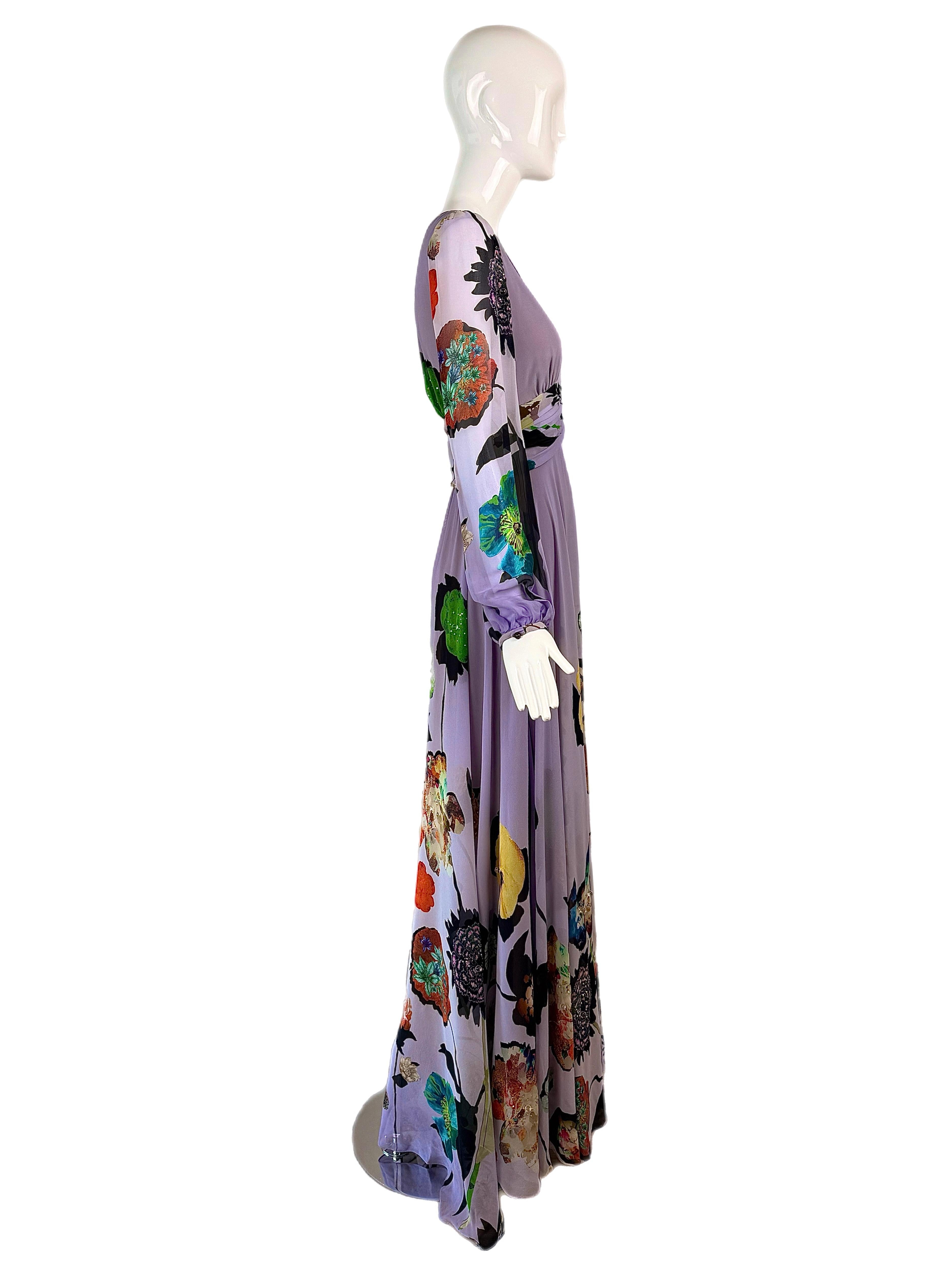 EMANUEL UNGARO Vintage 2000's Silk Embellished Blouson Gown Maxi Dress Floral In Excellent Condition For Sale In Leonardo, NJ