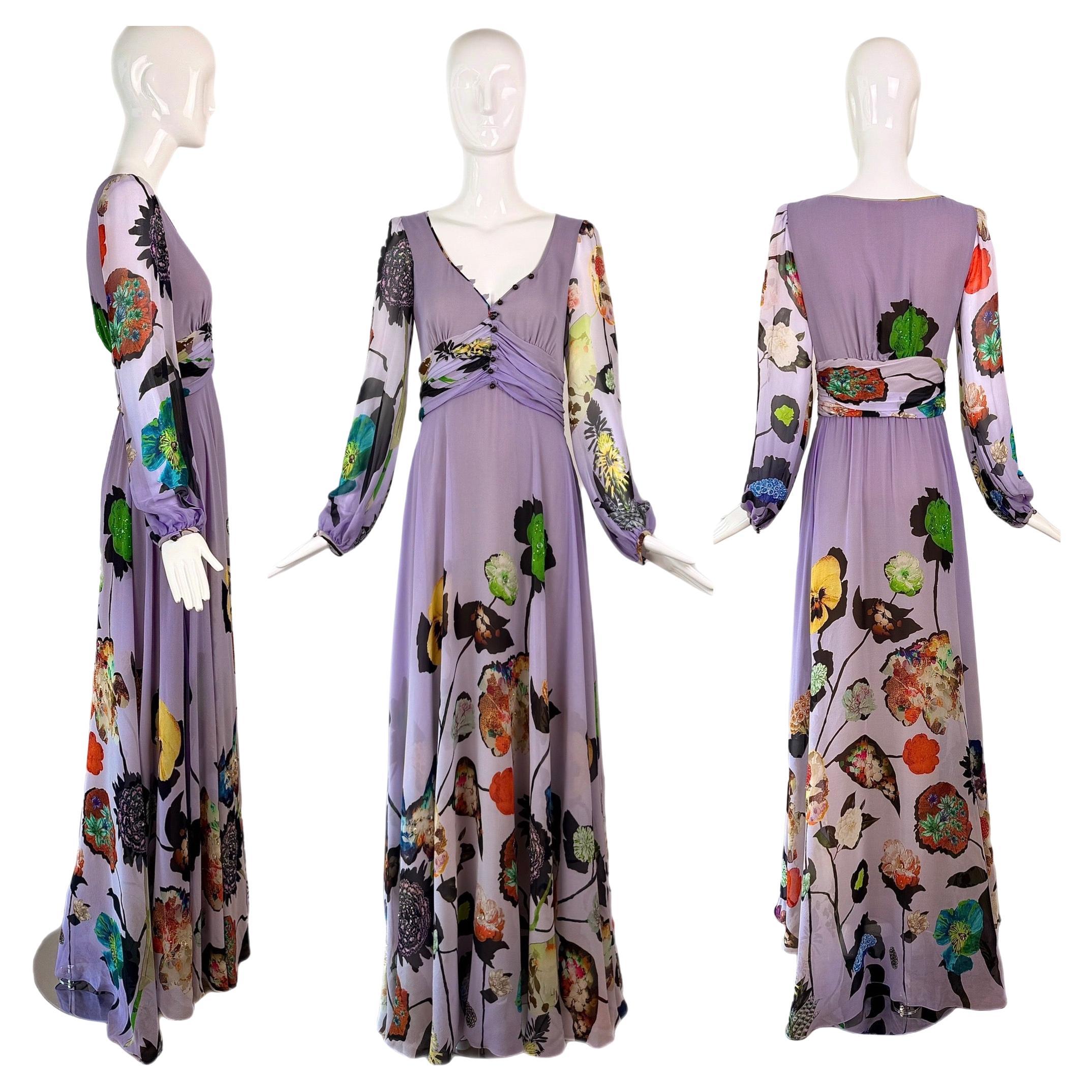 EMANUEL UNGARO Vintage 2000's Silk Embellished Blouson Gown Maxi Dress Floral For Sale