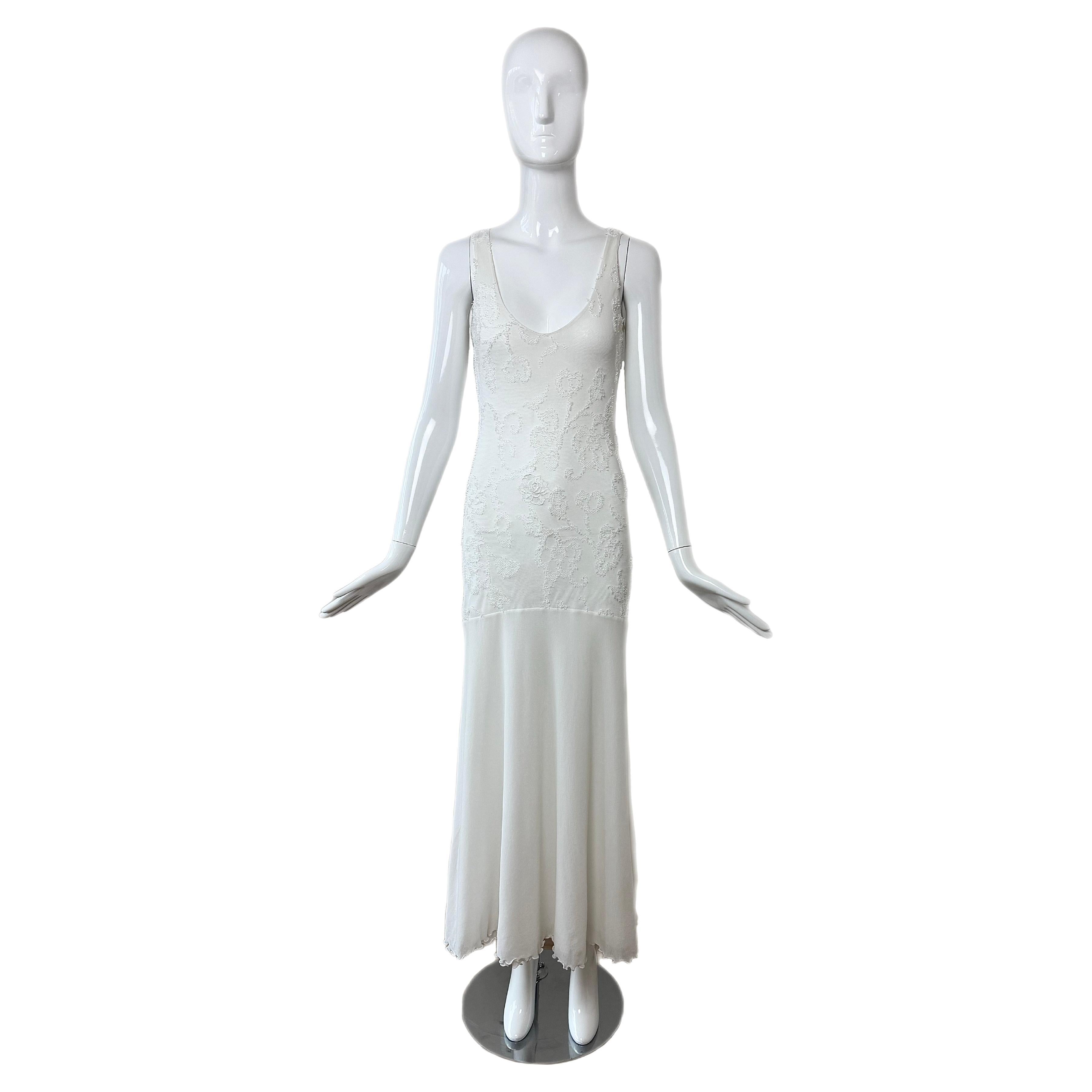 EMANUEL UNGARO Vintage 3D Floral Design Weißes langes Maxikleid mit Blumenmuster im Angebot