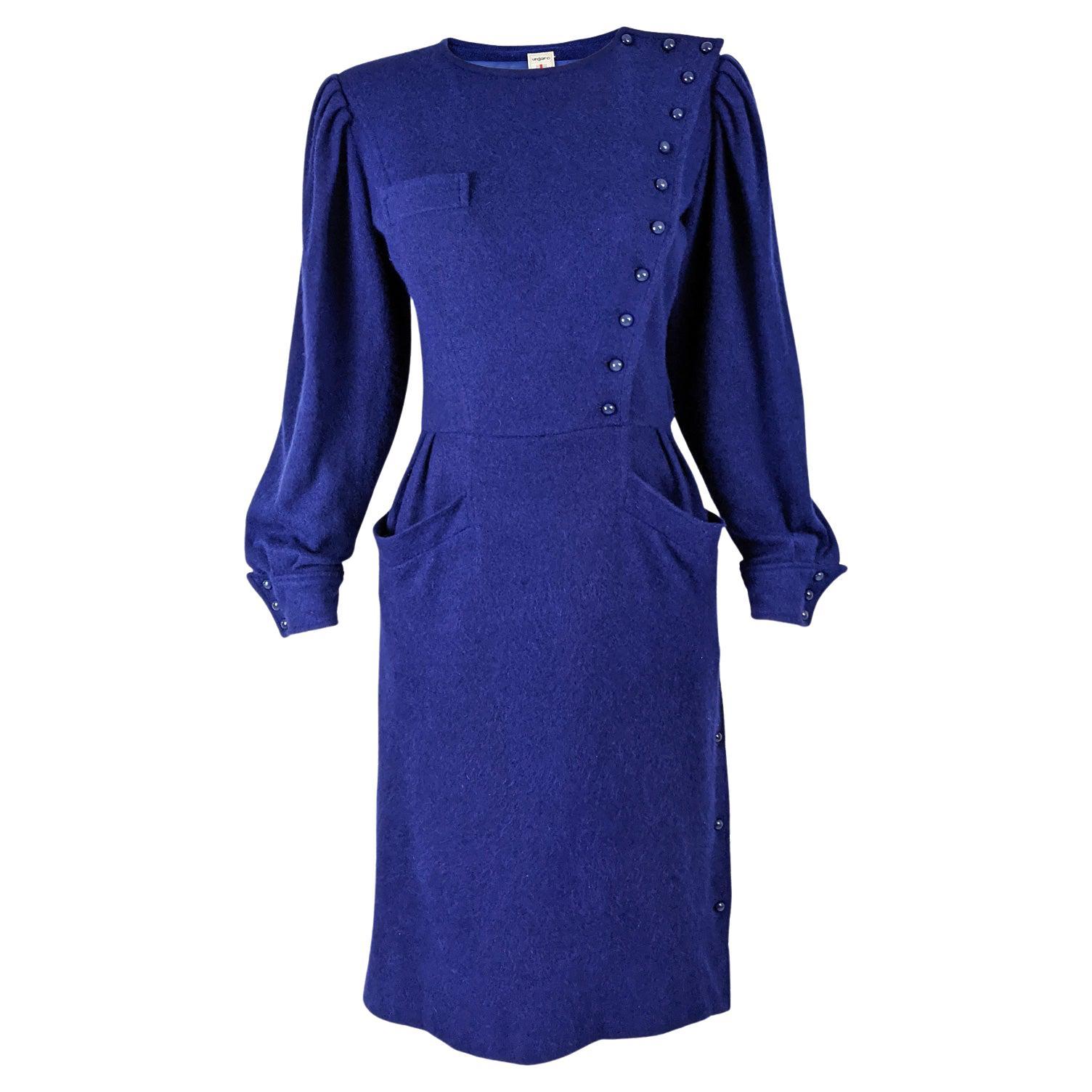 Emanuel Ungaro Vintage 80s Blue Wool Pleated Sleeve Asymmetrical Dress, 1980s