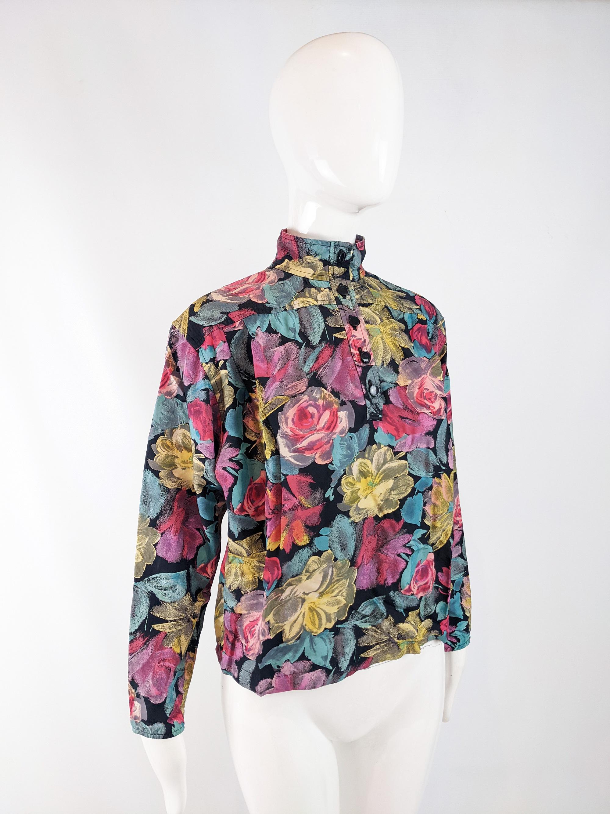 Gray Emanuel Ungaro Vintage 80s Bold Floral Print Long Sleeve Blouse Shirt, 1980s For Sale