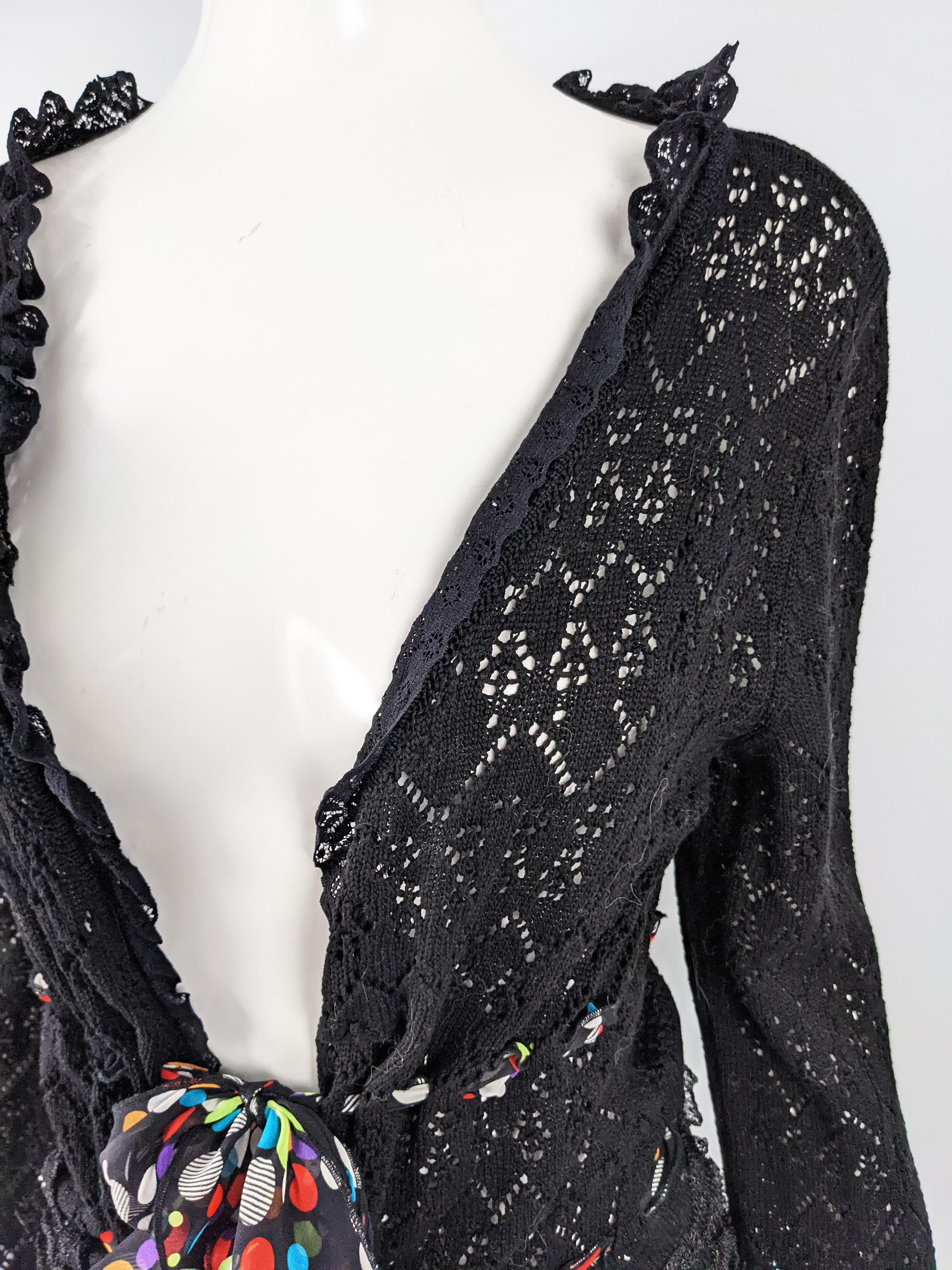 Women's Emanuel Ungaro Vintage Black Knit & Silk Chiffon Cardigan, 2000s