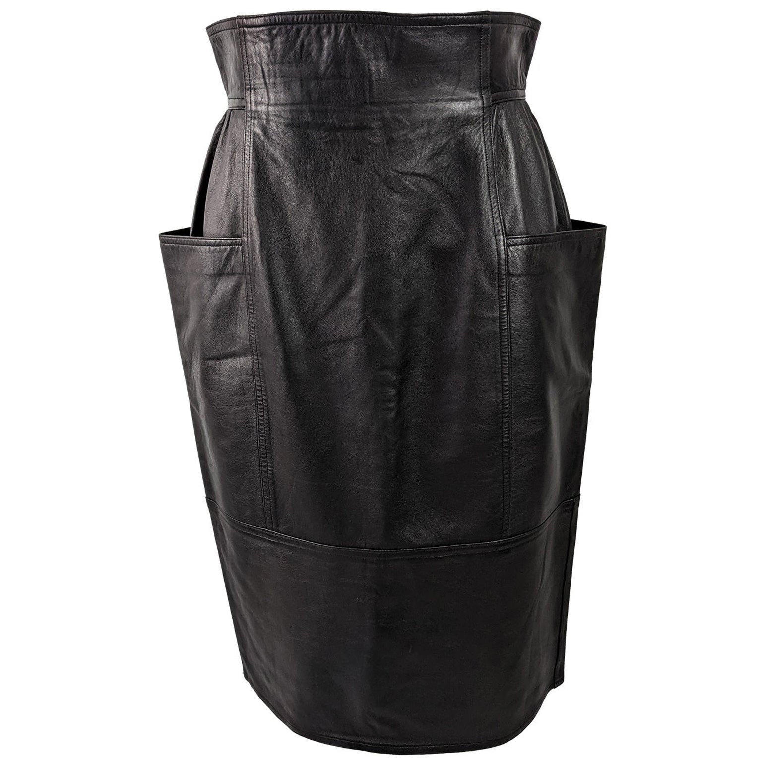 Emanuel Ungaro Vintage Black Leather Architectural High Waist Skirt For Sale