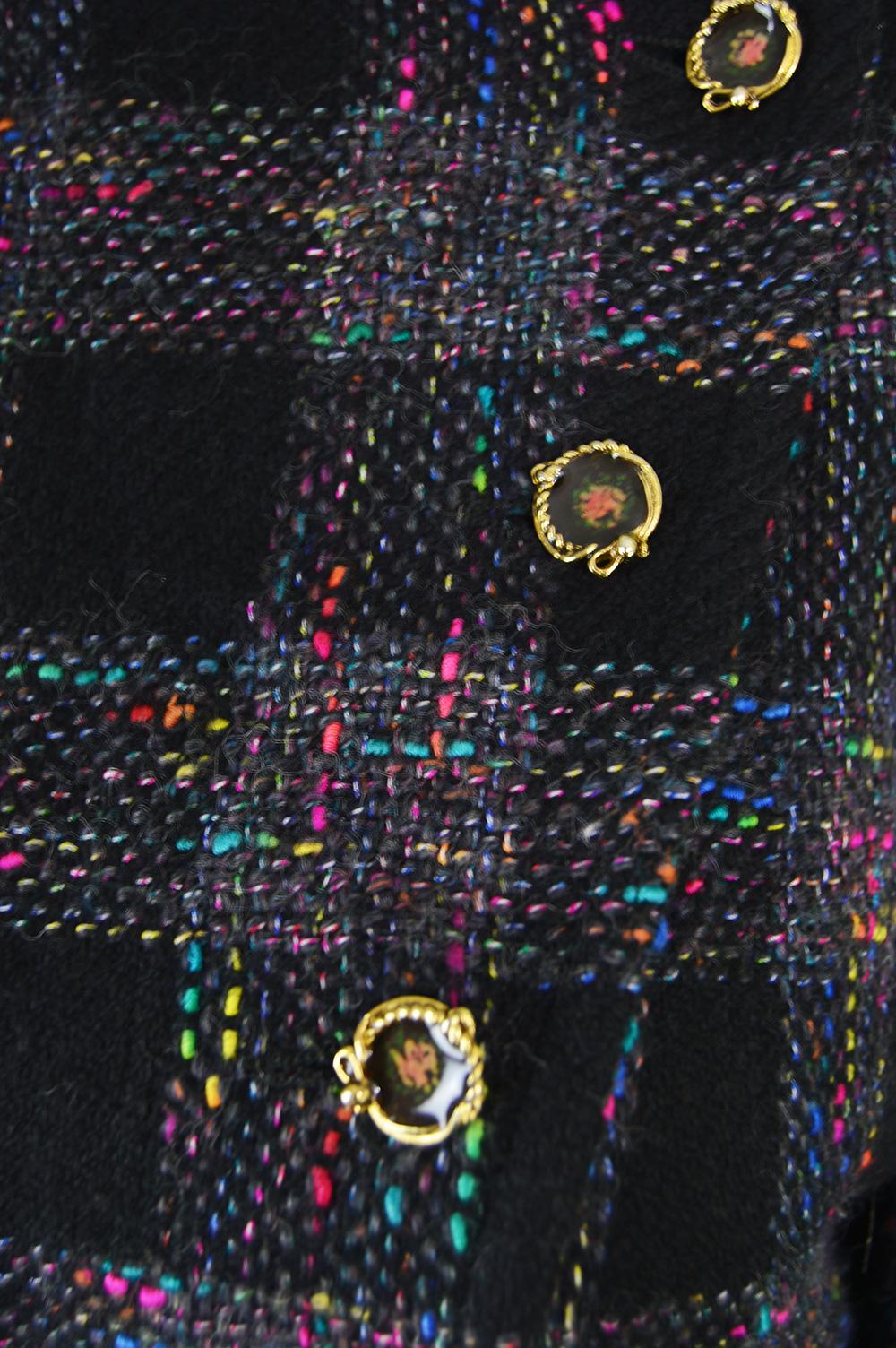 Women's Emanuel Ungaro Vintage Black & Rainbow Boucle Wool Tweed Jacket, 1980s