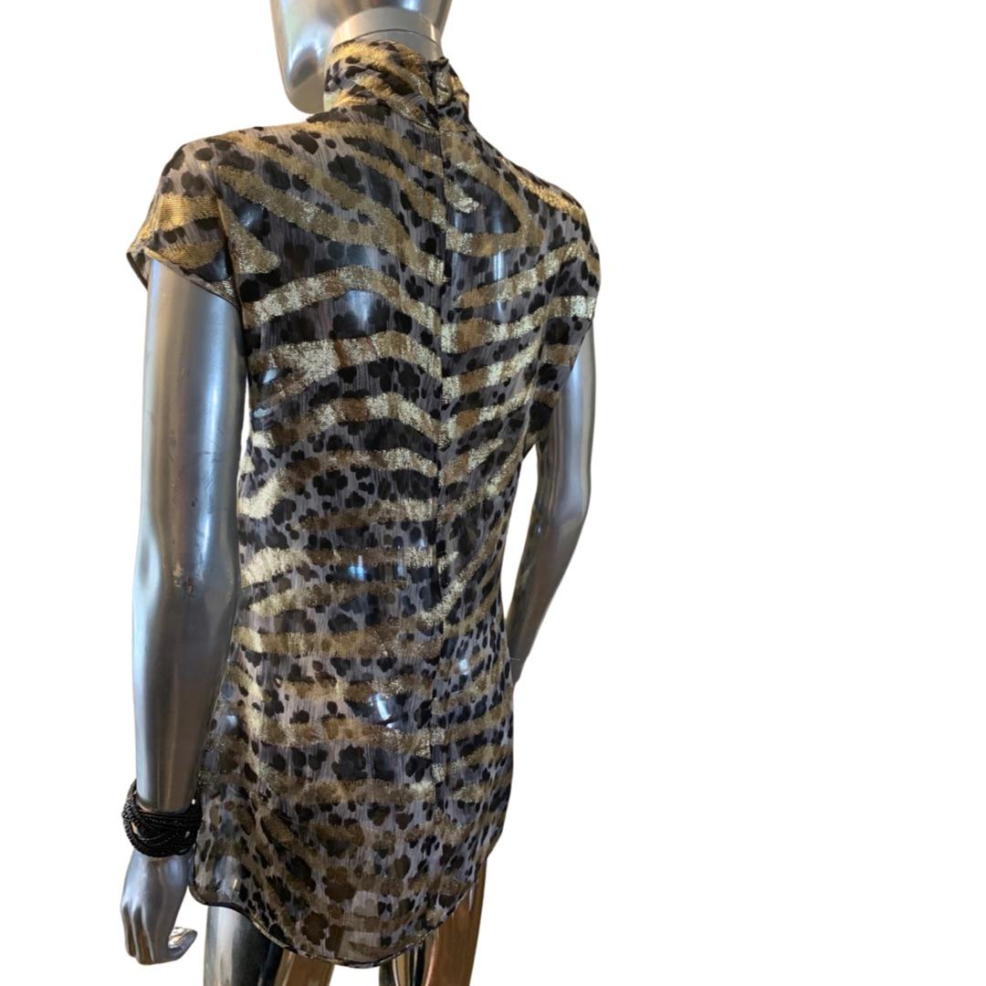 Black Emanuel Ungaro Vintage Chiffon Blouse with Leopard Print & Metallic Zebra Size 6 For Sale