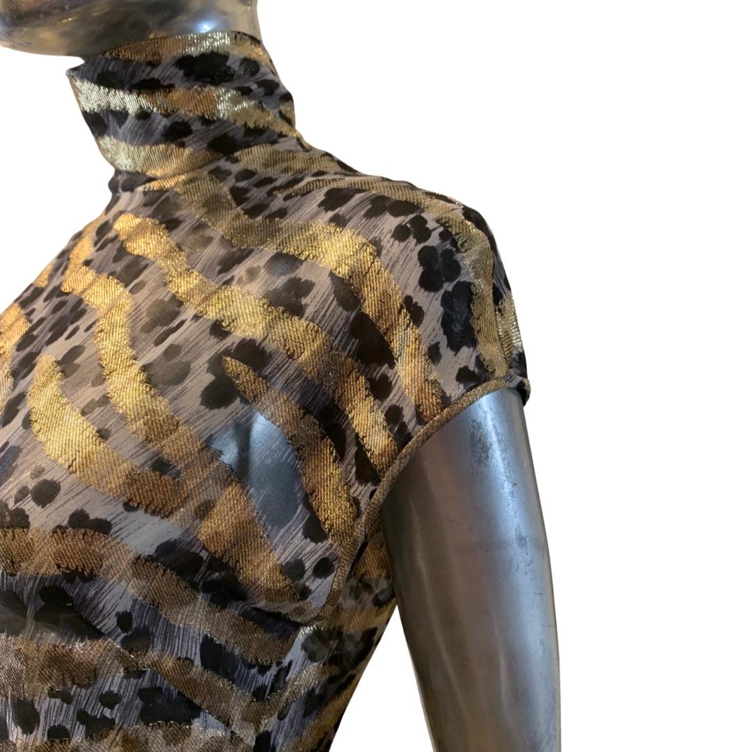 Emanuel Ungaro Vintage Chiffon Blouse with Leopard Print & Metallic Zebra Size 6 In Good Condition For Sale In Palm Springs, CA