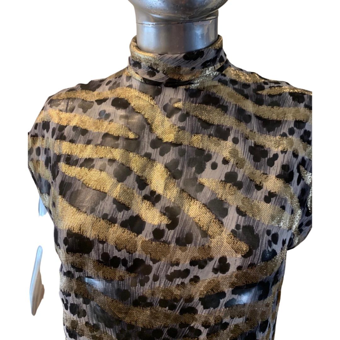 Women's Emanuel Ungaro Vintage Chiffon Blouse with Leopard Print & Metallic Zebra Size 6 For Sale