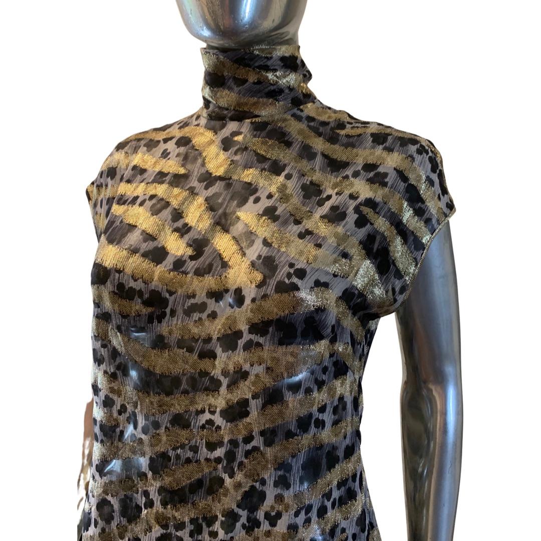 Emanuel Ungaro Vintage Chiffon Blouse with Leopard Print & Metallic Zebra Size 6 For Sale 1