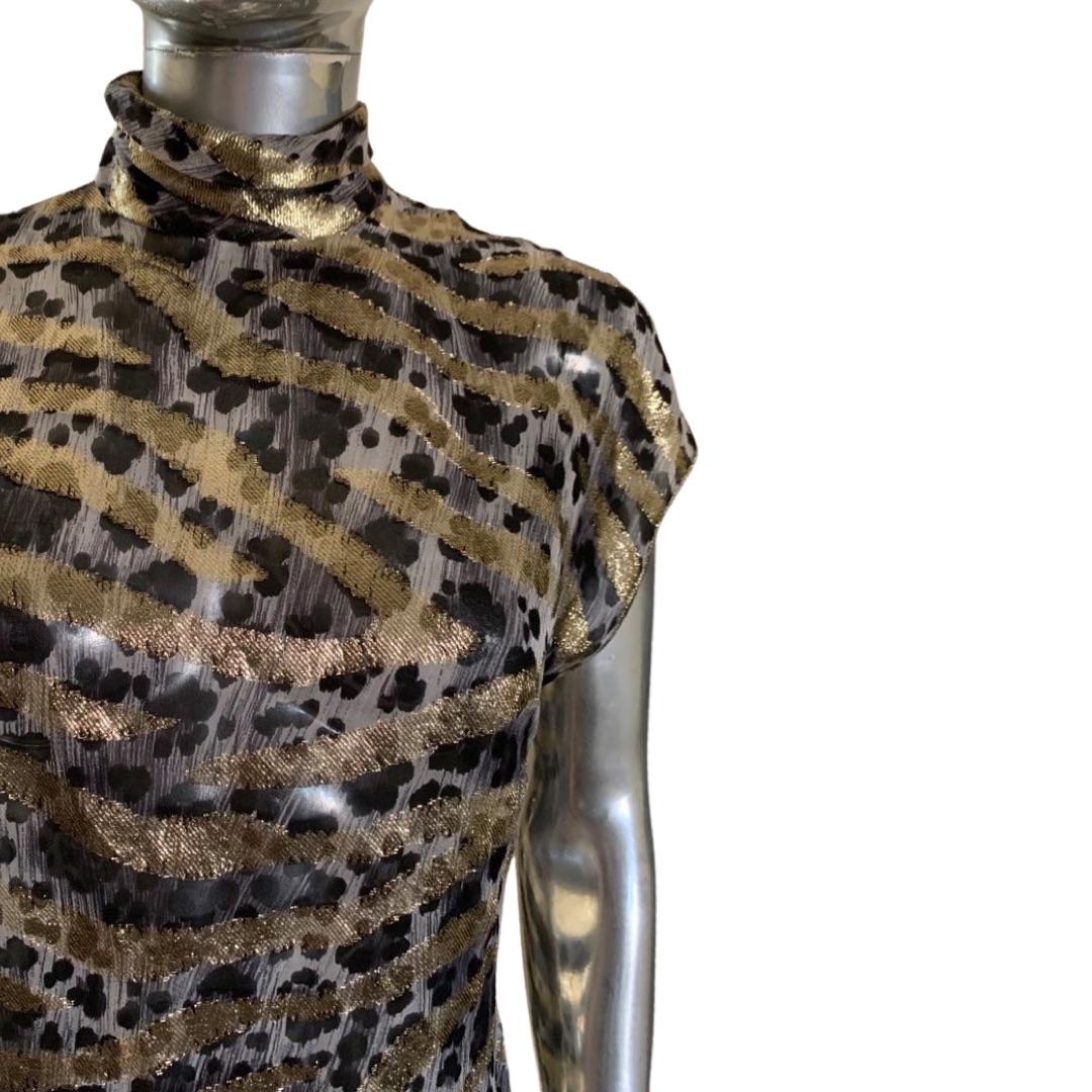 Emanuel Ungaro Vintage Chiffon Blouse with Leopard Print & Metallic Zebra Size 6 For Sale 2