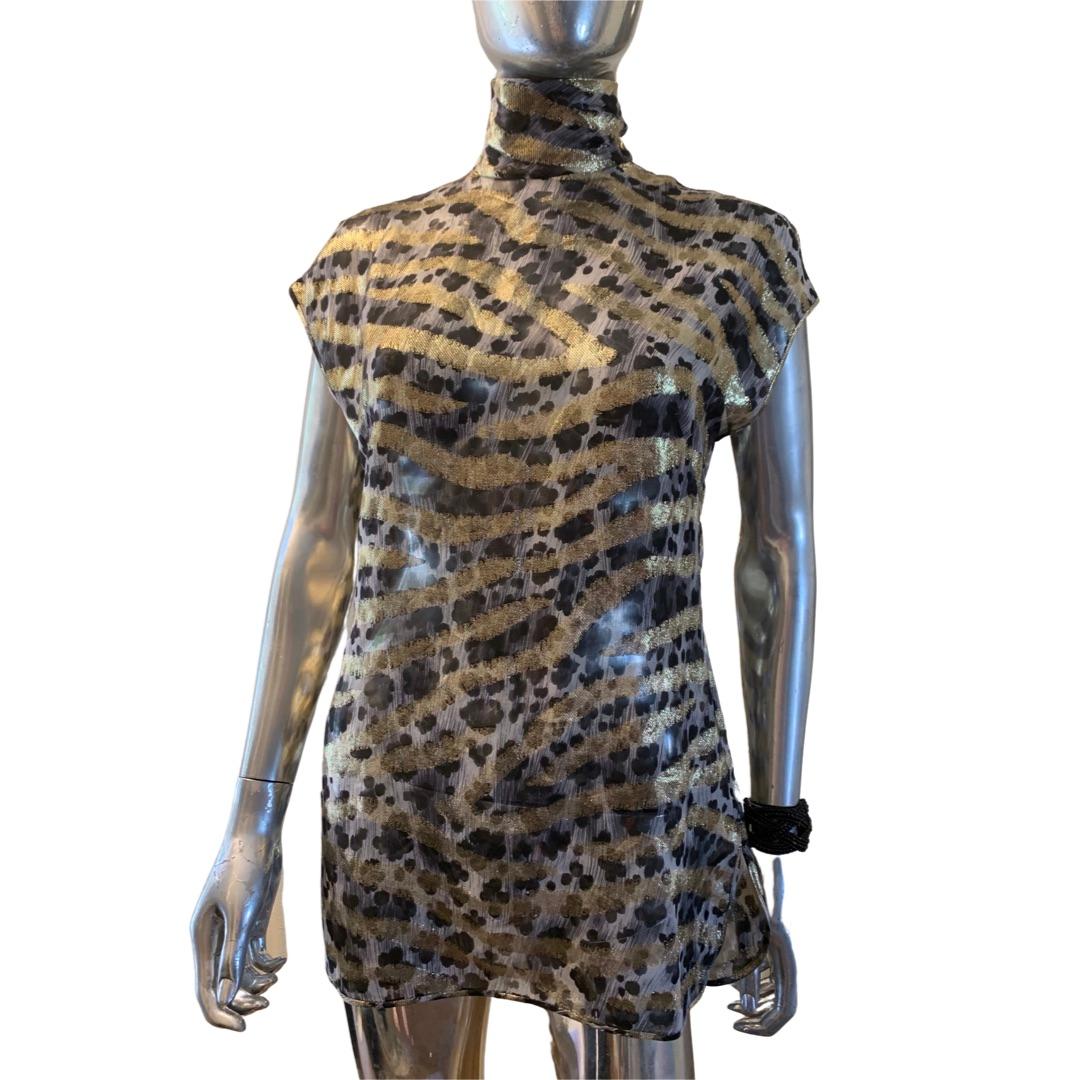 Emanuel Ungaro Vintage Chiffon Blouse with Leopard Print & Metallic Zebra Size 6 For Sale 3