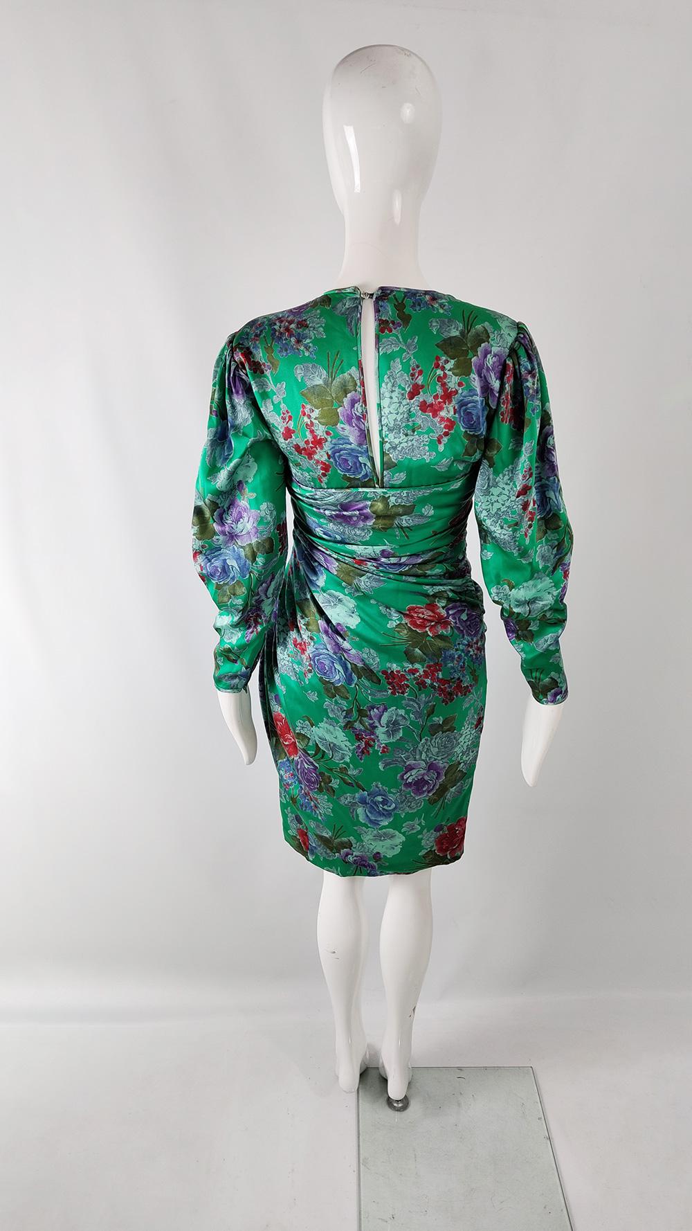 Emanuel Ungaro Vintage Green Ruched Silk Satin Floral Print Evening Dress, 1980s In Excellent Condition In Doncaster, South Yorkshire