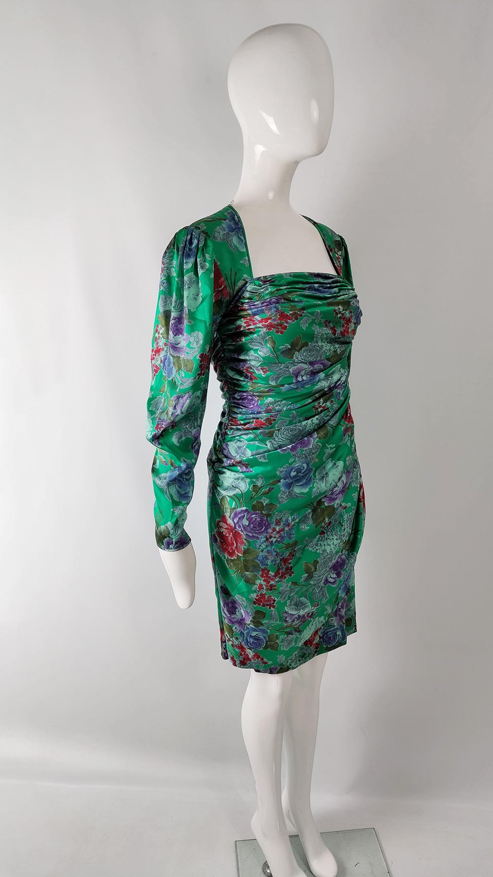 Emanuel Ungaro Vintage Green Ruched Silk Satin Floral Print Evening Dress, 1980s 2