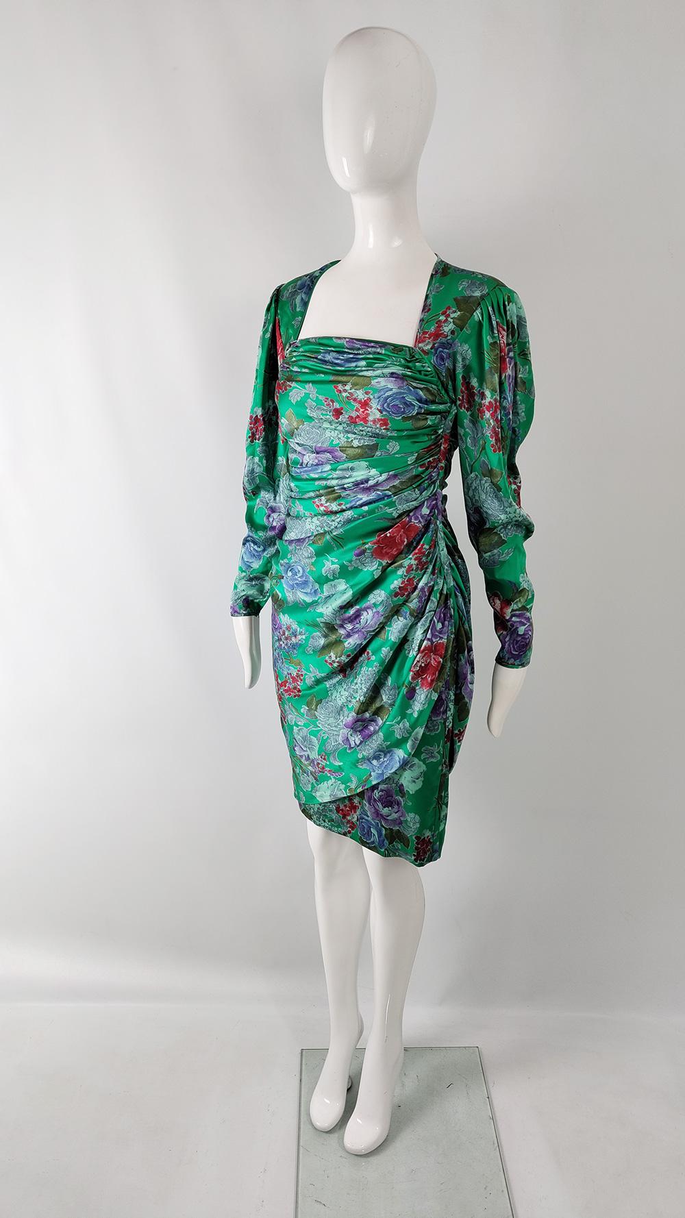 Emanuel Ungaro Vintage Green Ruched Silk Satin Floral Print Evening Dress, 1980s For Sale 3