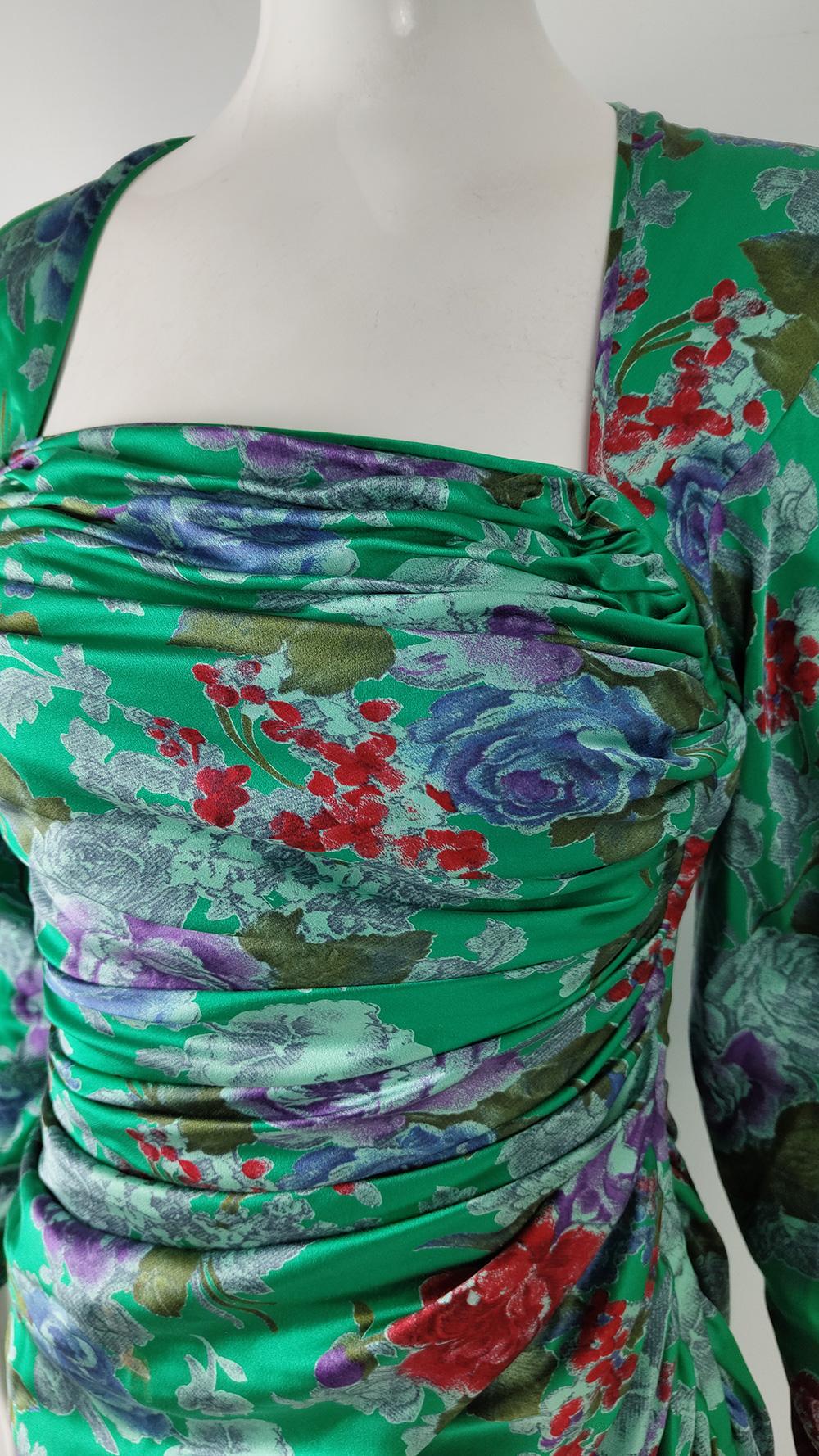 Emanuel Ungaro Vintage Green Ruched Silk Satin Floral Print Evening Dress, 1980s For Sale 4