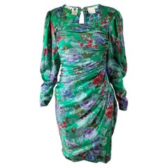 Emanuel Ungaro Vintage Green Ruched Silk Satin Floral Print Evening Dress, 1980s