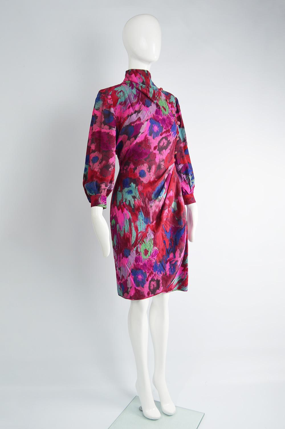 Emanuel Ungaro Vintage High Neck Draped Balloon Sleeve Cocktail Dress, 1980s 2