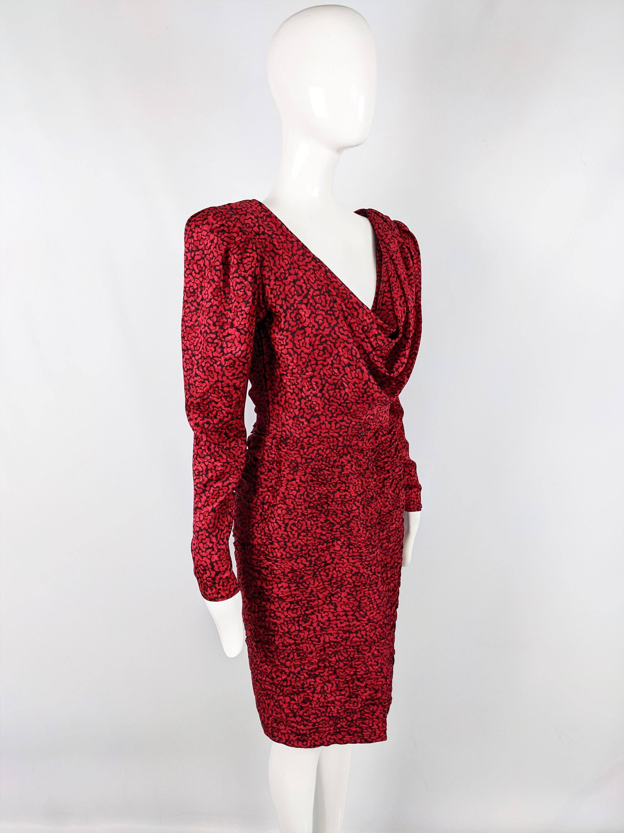 Emanuel Ungaro Vintage Red & Black Draped Ruched Silk Party Evening Dress, 1980s For Sale 2