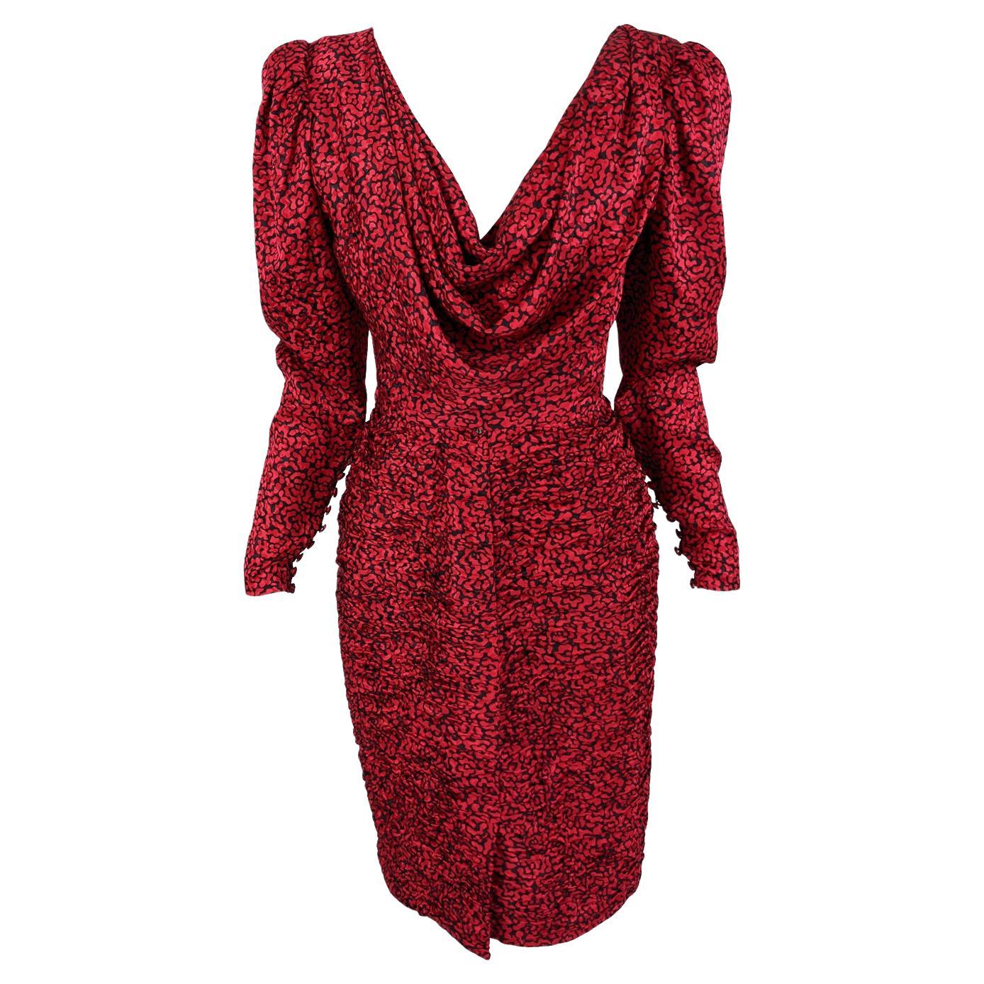 Emanuel Ungaro Vintage Red & Black Draped Ruched Silk Party Evening Dress, 1980s For Sale