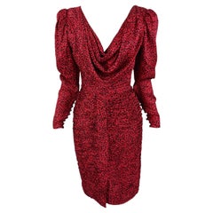 Emanuel Ungaro Vintage Red & Black Draped Ruched Silk Party Evening Dress, 1980s