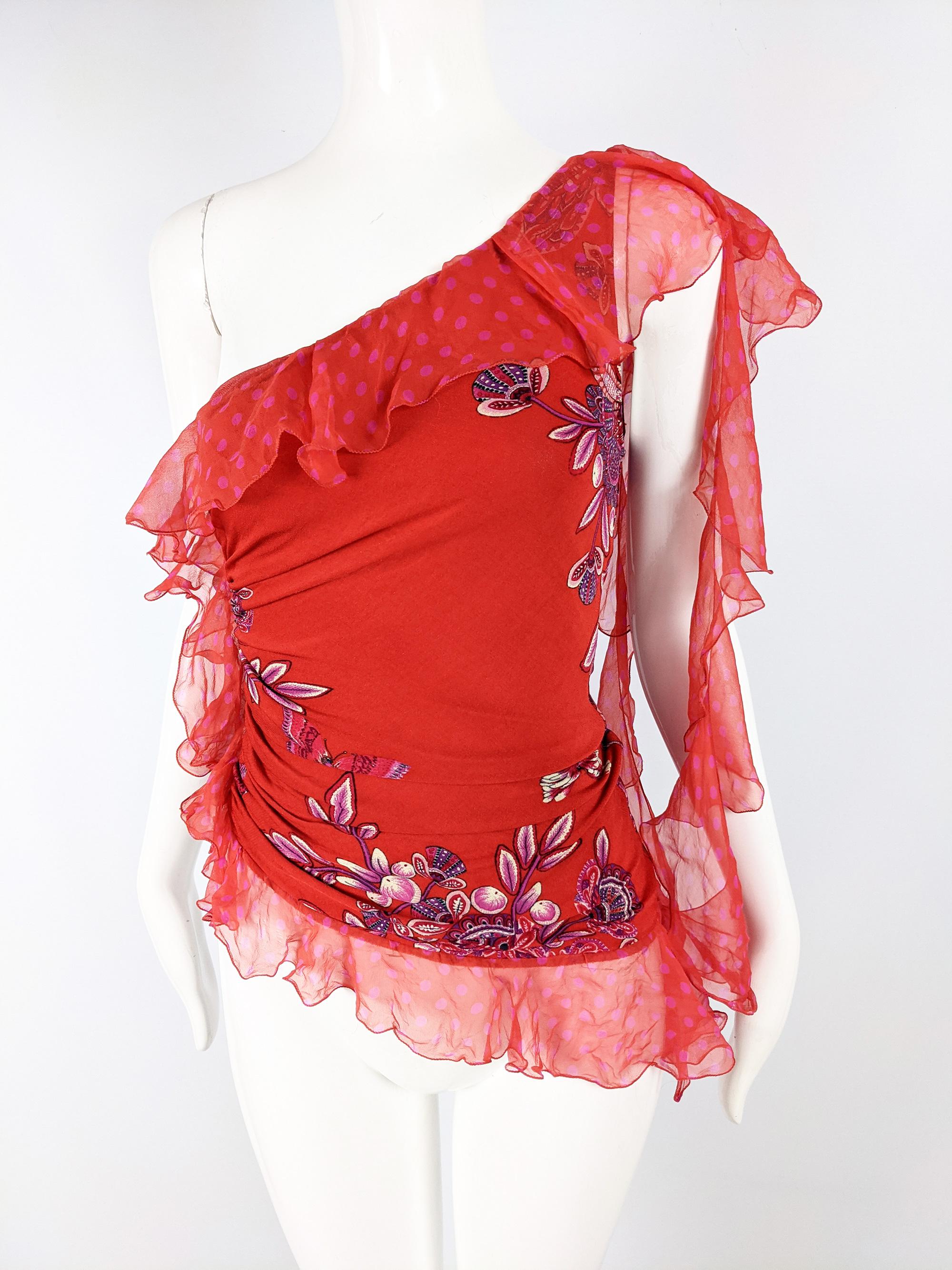 Women's Emanuel Ungaro Vintage Red Ruched & Ruffled Silk Party Top, 2000s