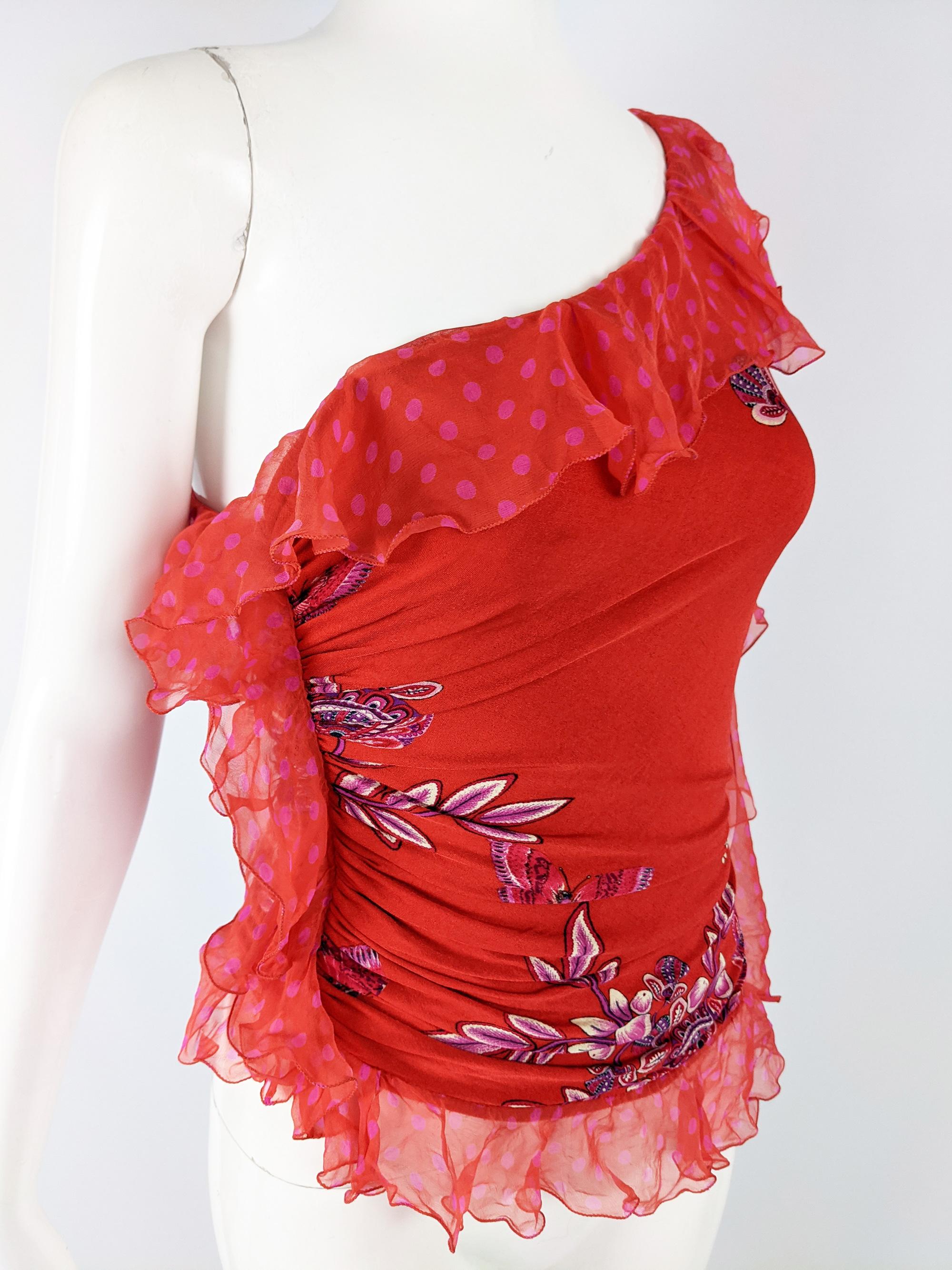 Emanuel Ungaro Vintage Red Ruched & Ruffled Silk Party Top, 2000s 1