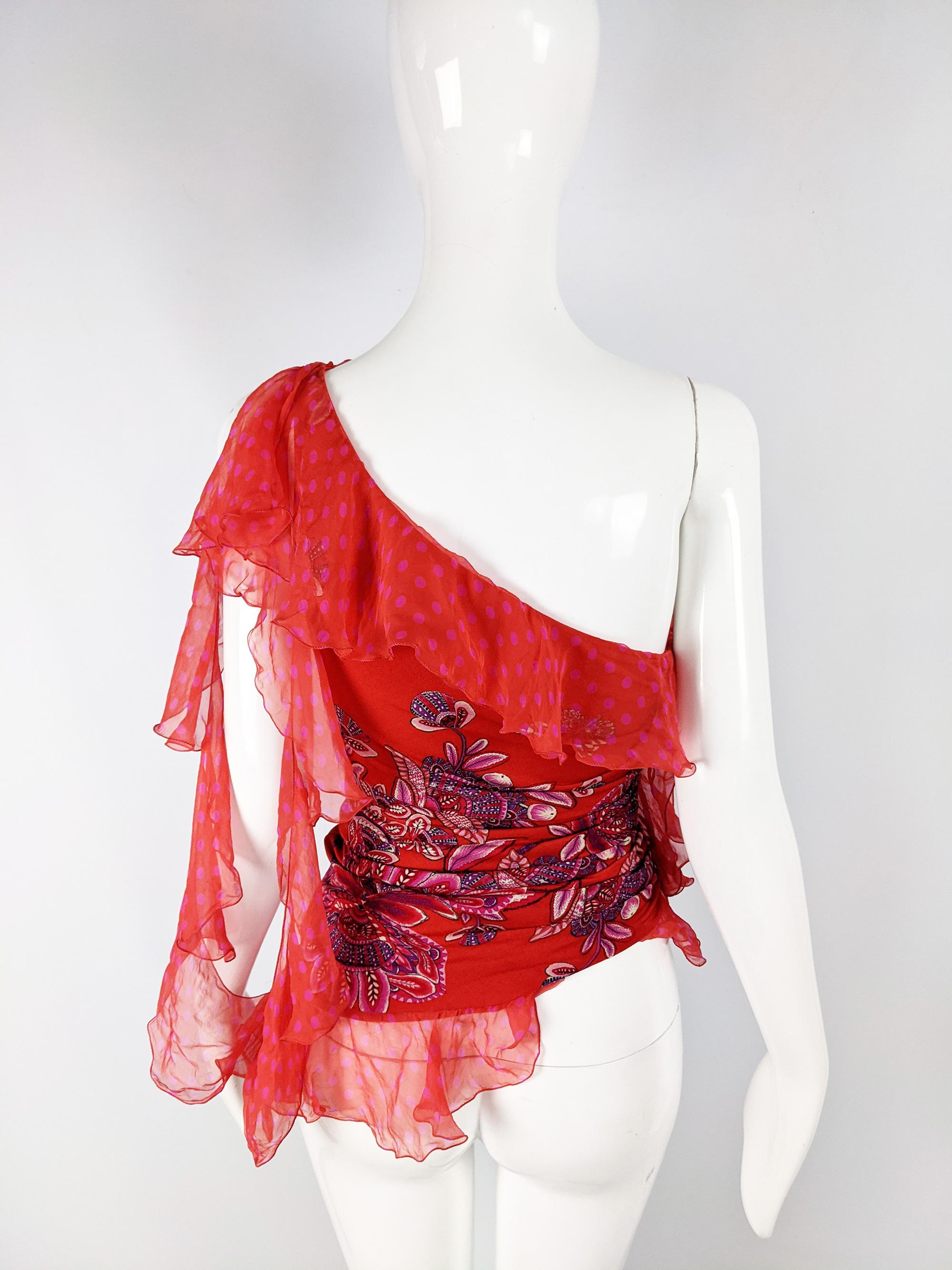 Emanuel Ungaro Vintage Red Ruched & Ruffled Silk Party Top, 2000s 2