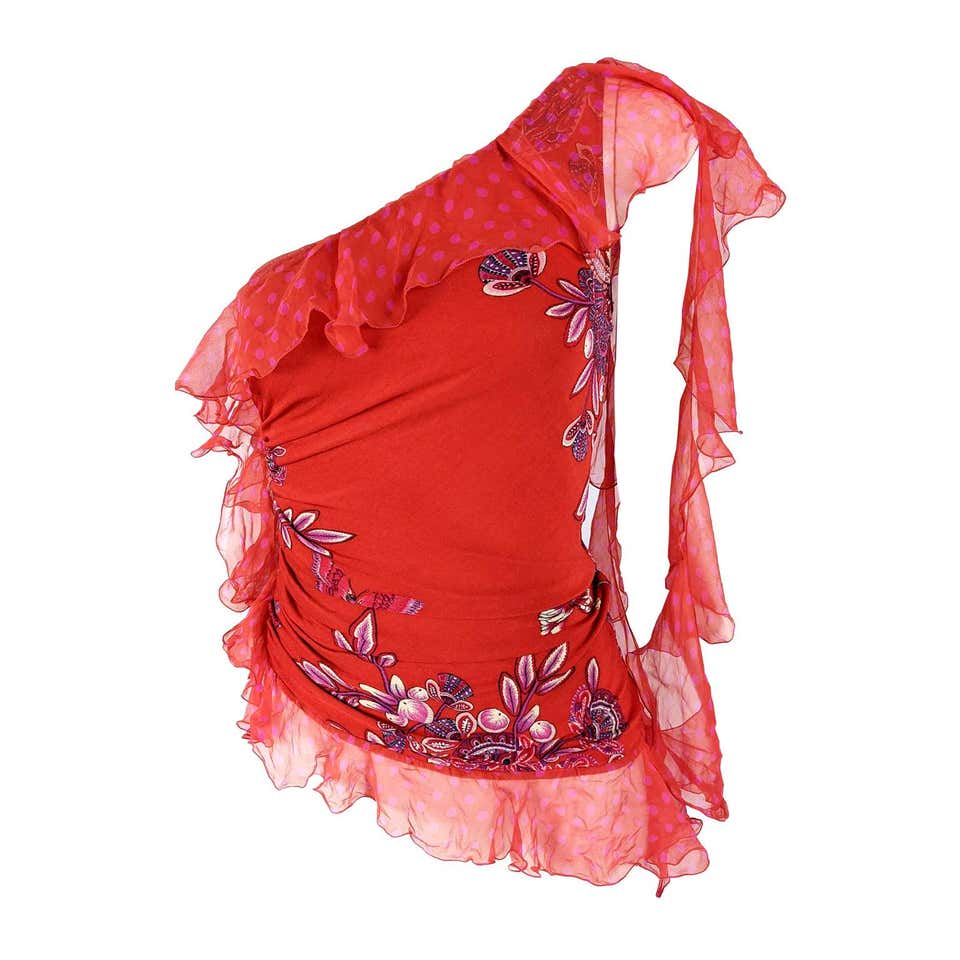Emanuel Ungaro Vintage Red Ruched And Ruffled Silk Party Top 2000s At