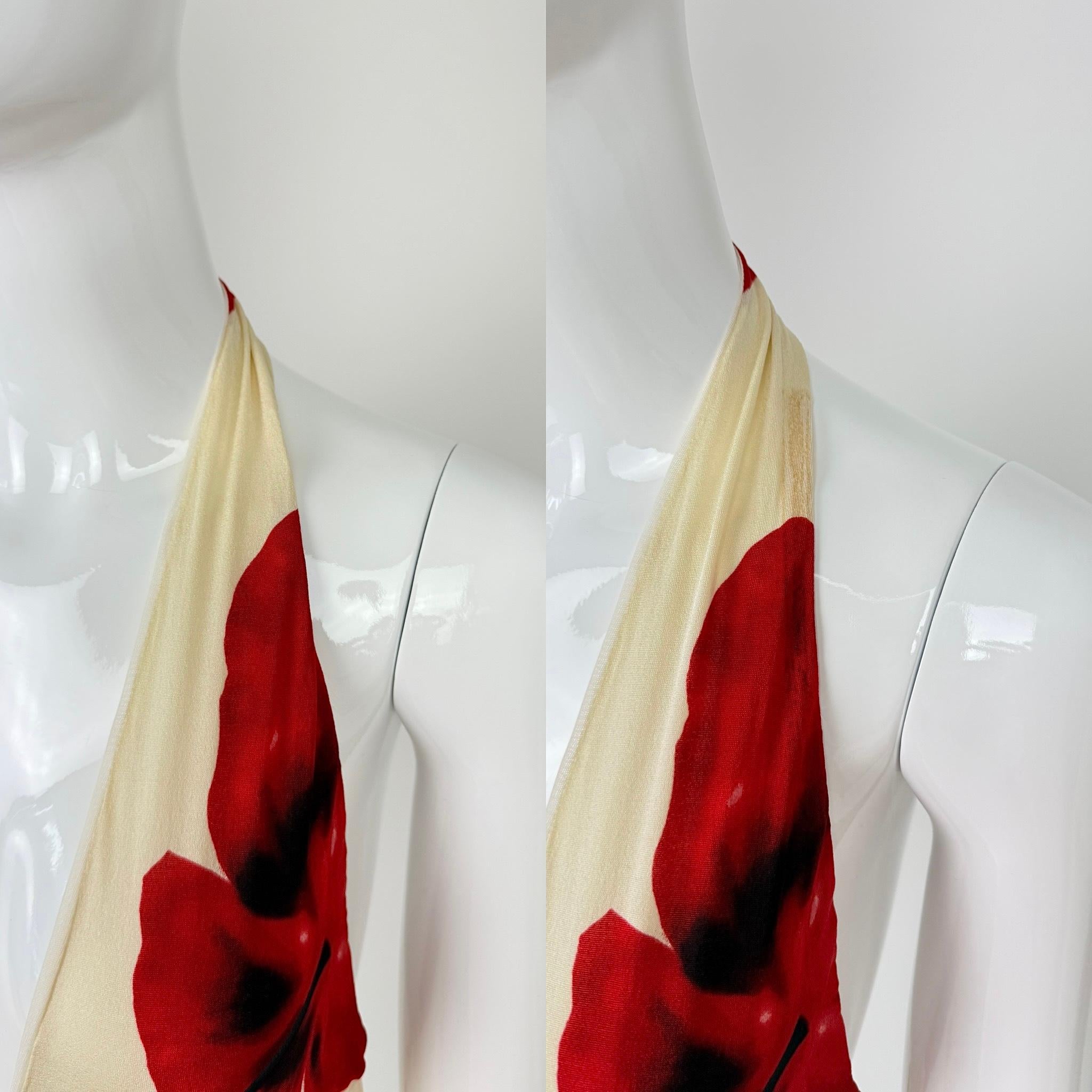 EMANUEL UNGARO Vintage Vanilla Bean + Red Pansy Floral Dress Halter Backless In Excellent Condition In Leonardo, NJ