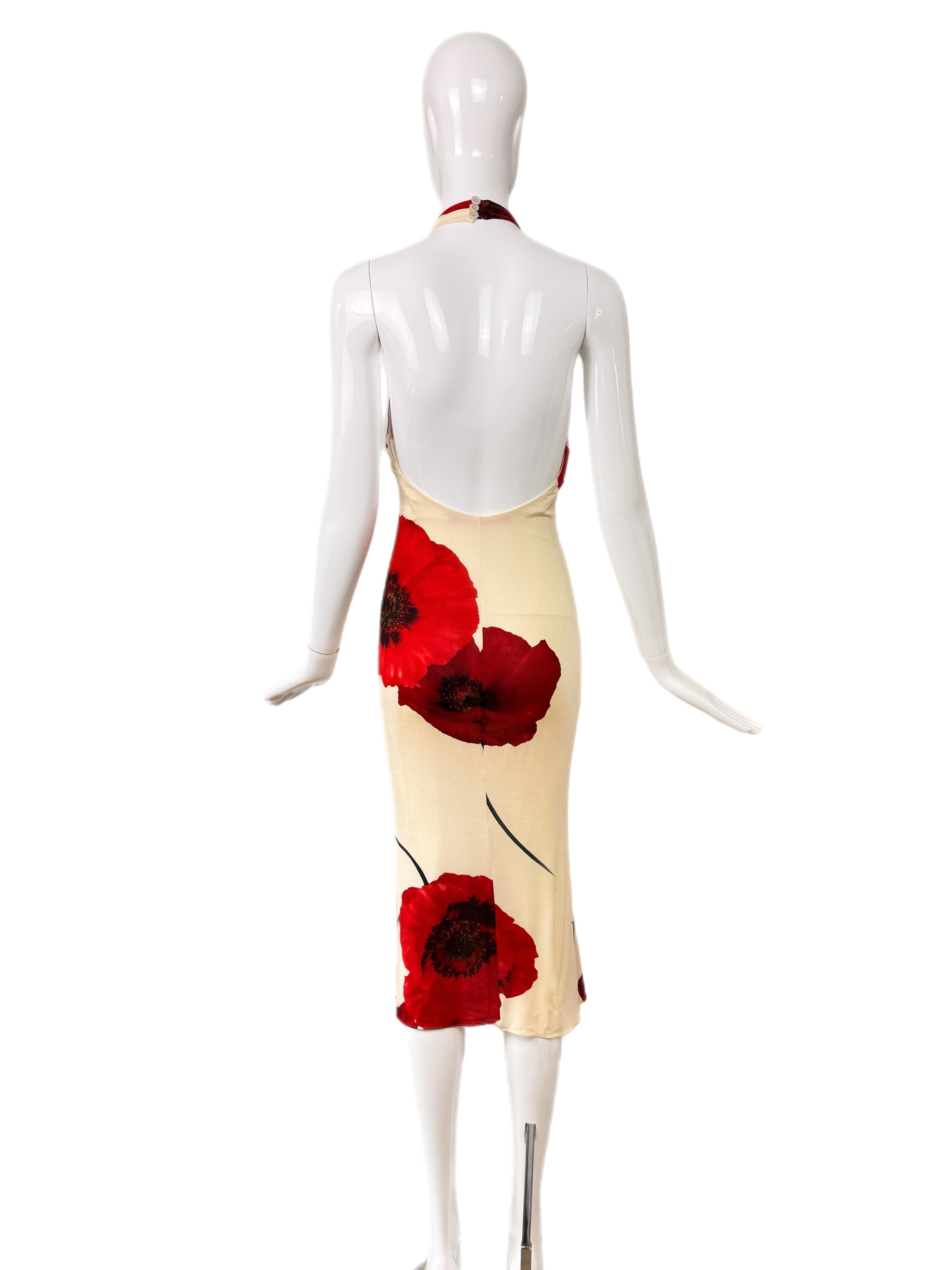 EMANUEL UNGARO Vintage Vanilla Bean + Red Pansy Floral Dress Halter Backless 1