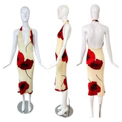 EMANUEL UNGARO Vintage Vanilla Bean + Red Pansy Floral Dress Halter Backless