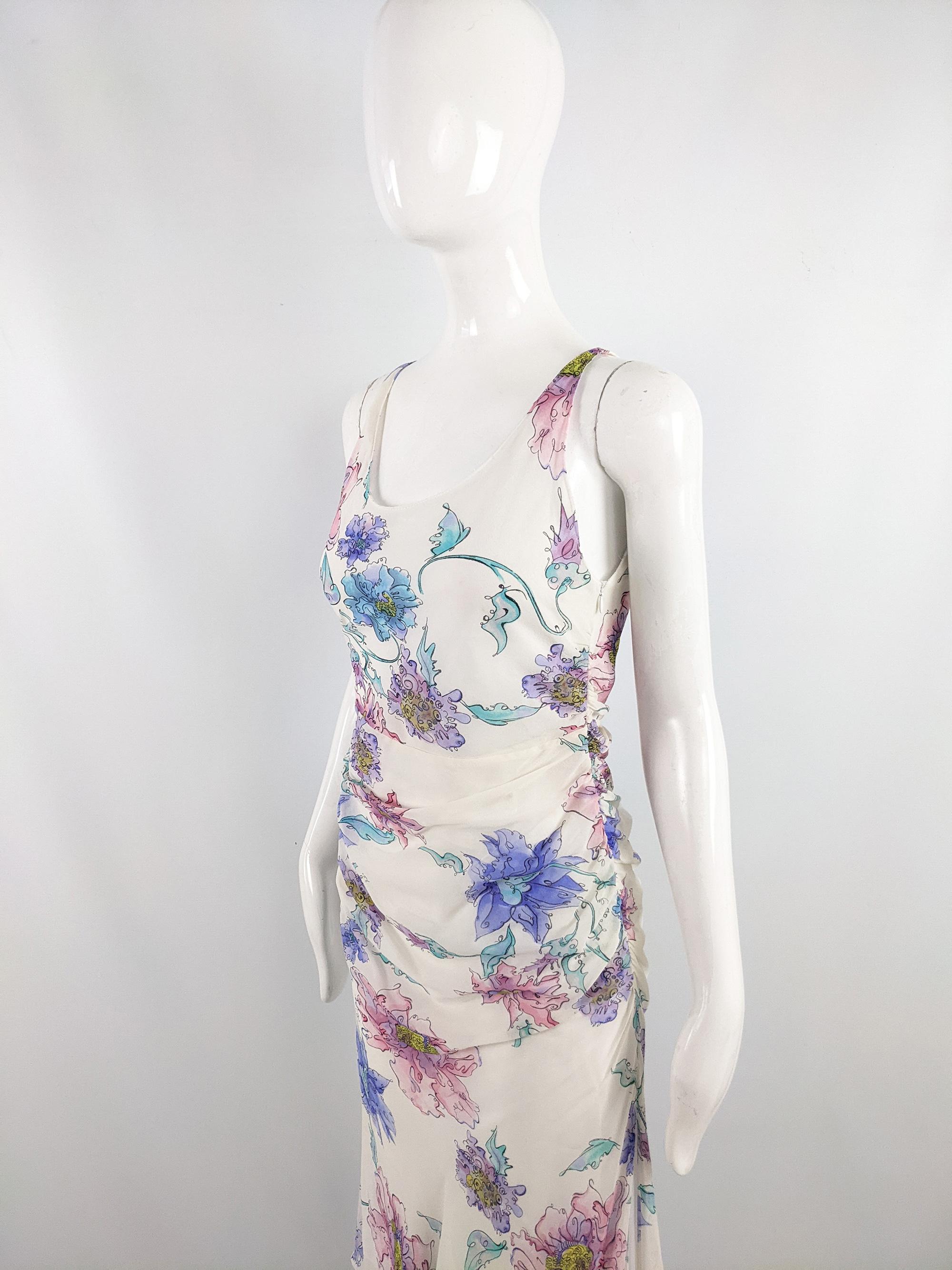 Gray Emanuel Ungaro Vintage y2k 2000s Off White Floral Silk Sleeveless Dress For Sale