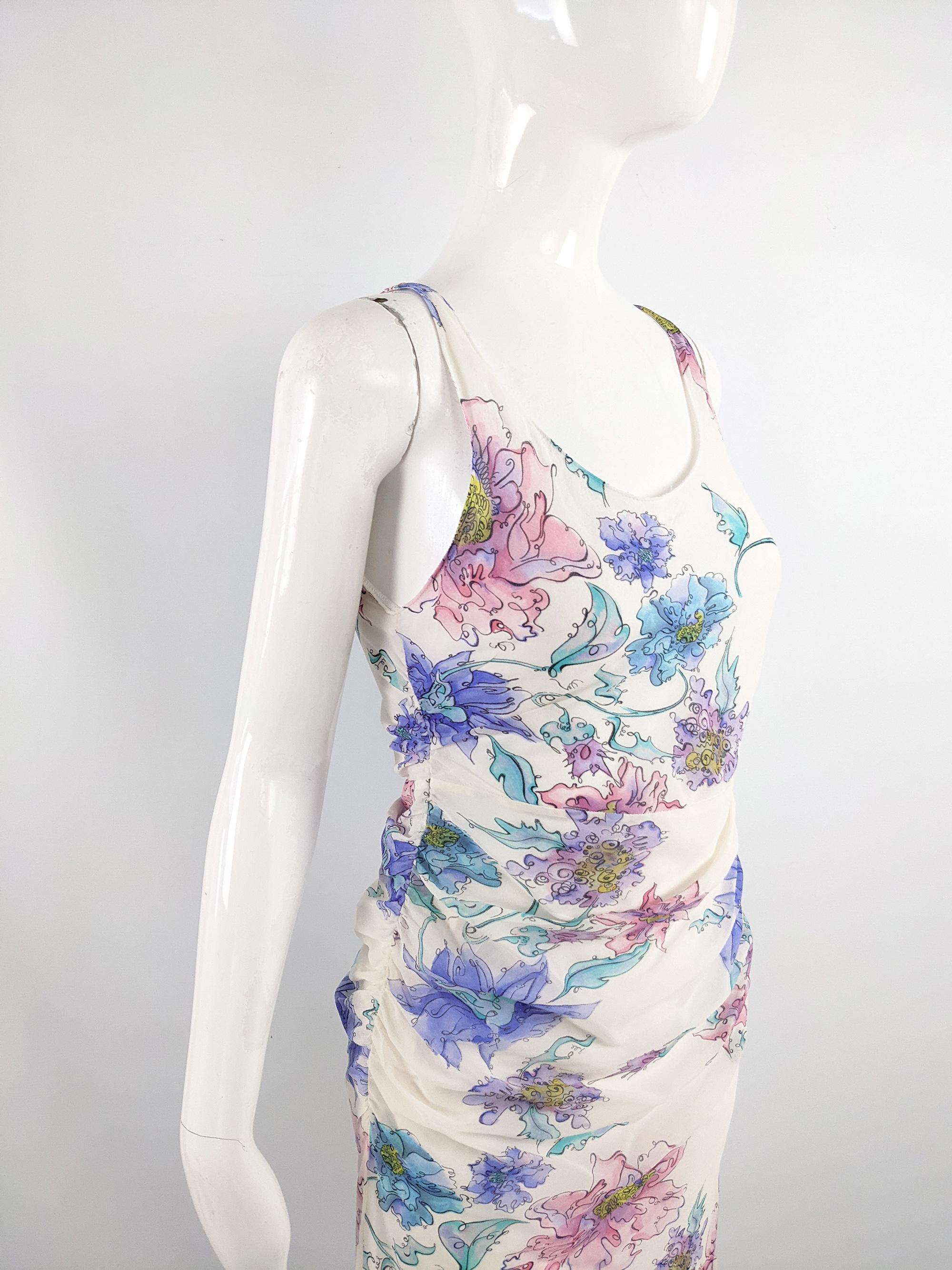 Emanuel Ungaro Vintage y2k 2000s Off White Floral Silk Sleeveless Dress In Excellent Condition For Sale In Doncaster, South Yorkshire